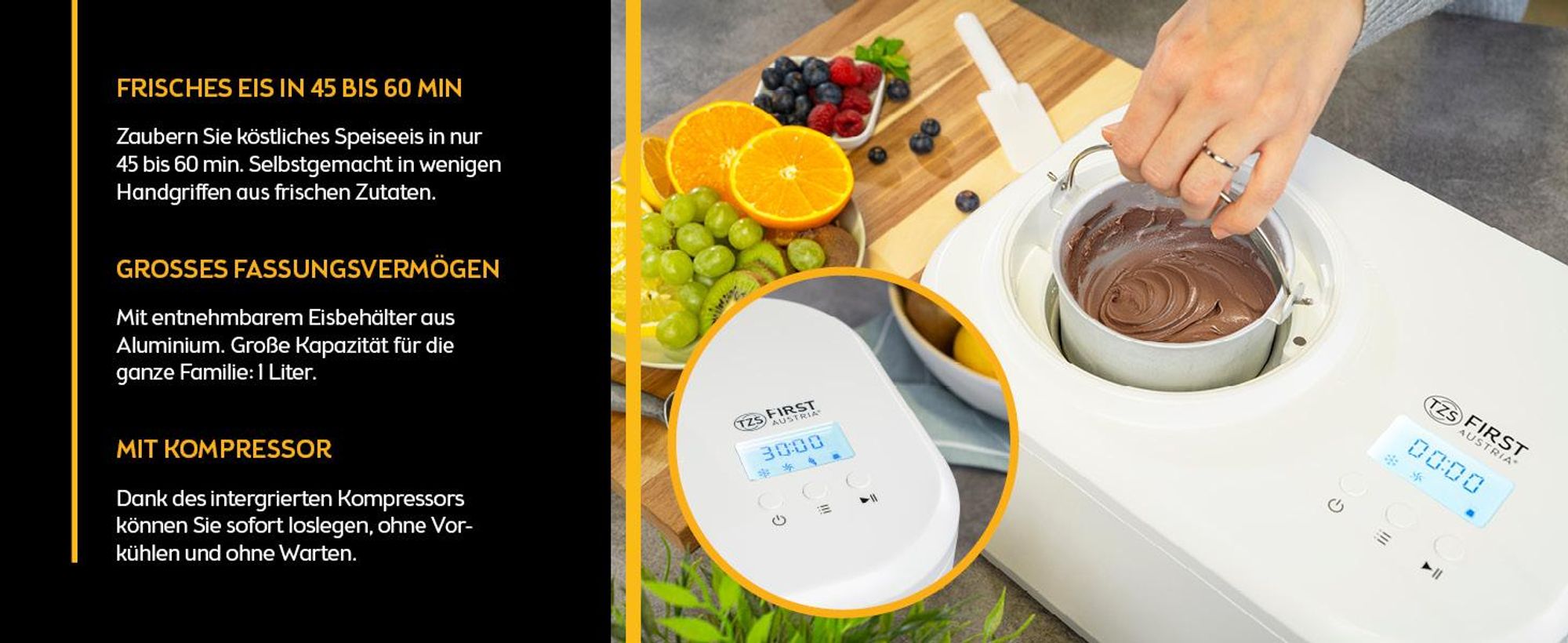TZS First Austria - Eismaschine 1L 100W - mit Kompressor & Kühlhaltenfunktion - Weiß