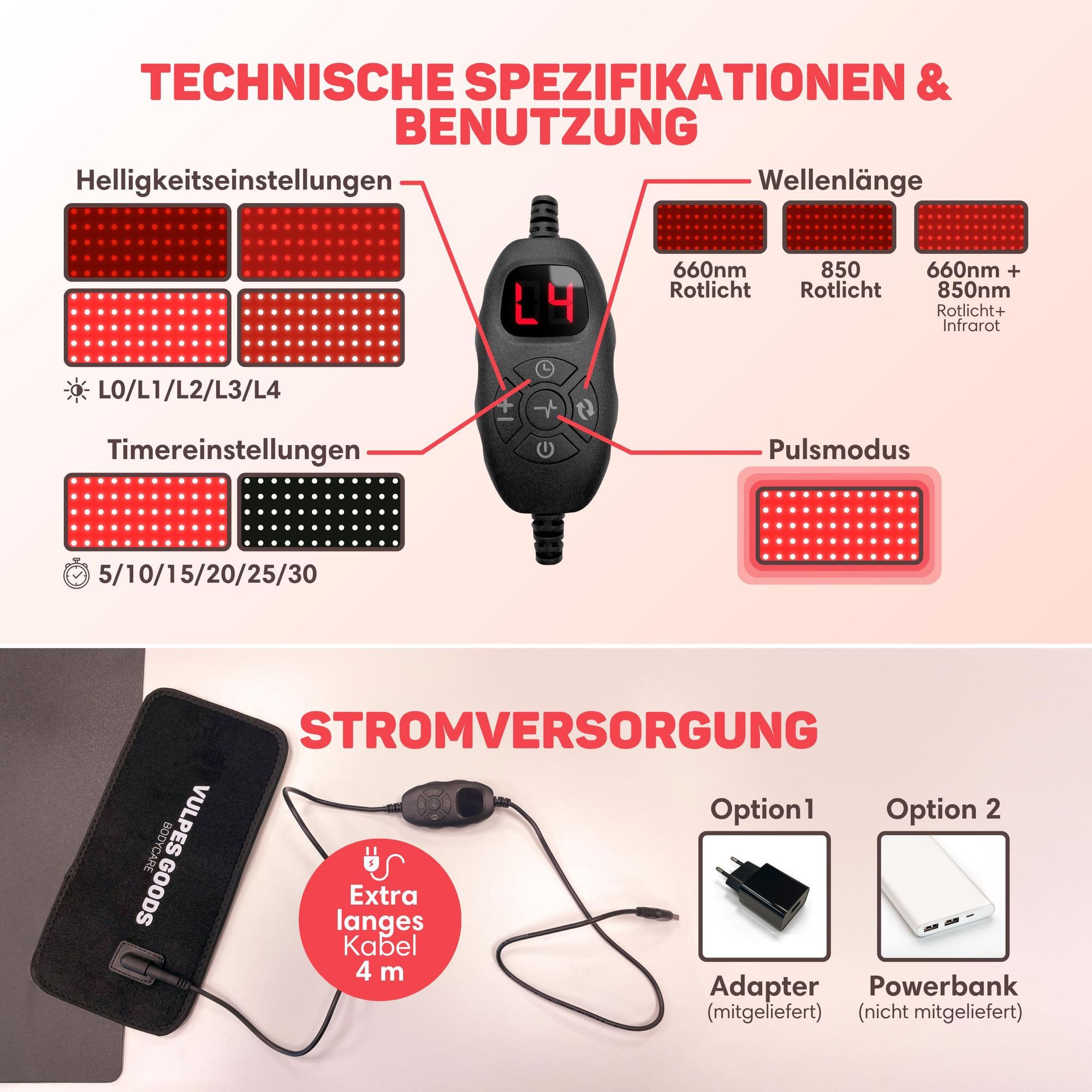 Vulpes Goods Infrarot Therapie Gürtel, Infrarottherapie, Wärmeband, Rücken, Schultern, Nacken, Beine, Rotlichttherapie (660 nm), Nahinfrarot (850 nm)