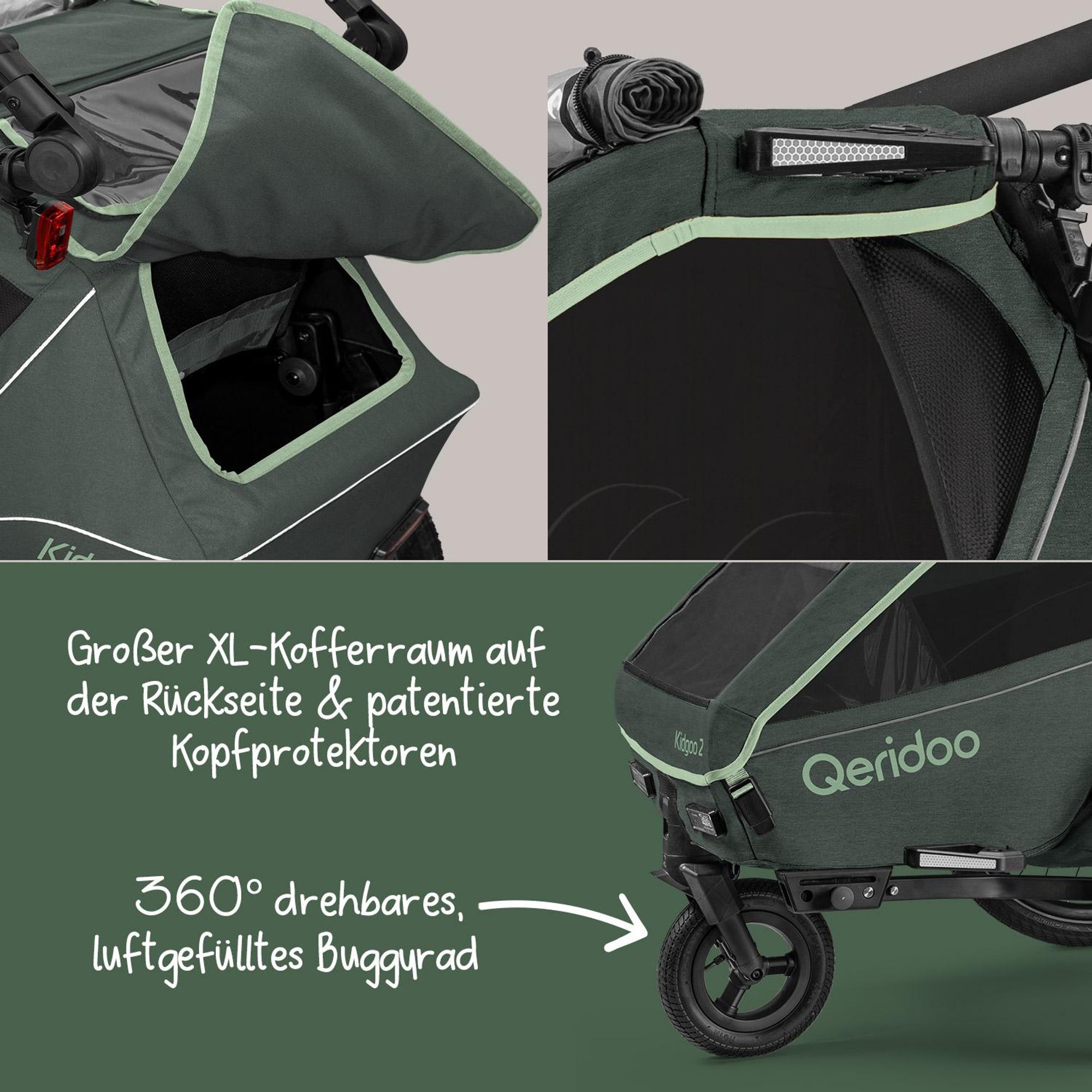Qeridoo Kidgoo 2- Kinderfahrradanhänger für 2 Kinder, Farbe: Forest Green