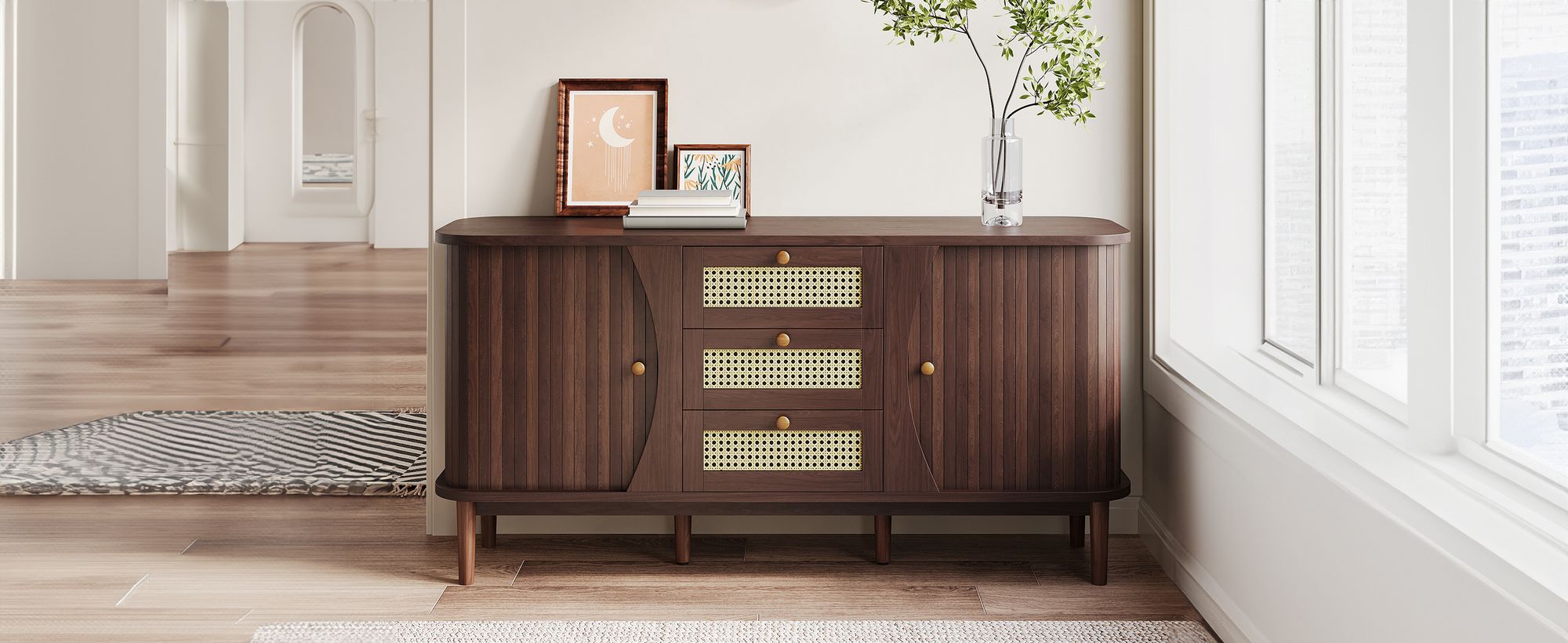 MODFU Kommode Sideboard mit 3 Schubladen und 2 Schiebetüren, Schrank Buffet Rattanschrank für Wohnzimmer, Schlafzimmer, Kinderzimmer, Jugendzimmer und Büro, Holzfarbe