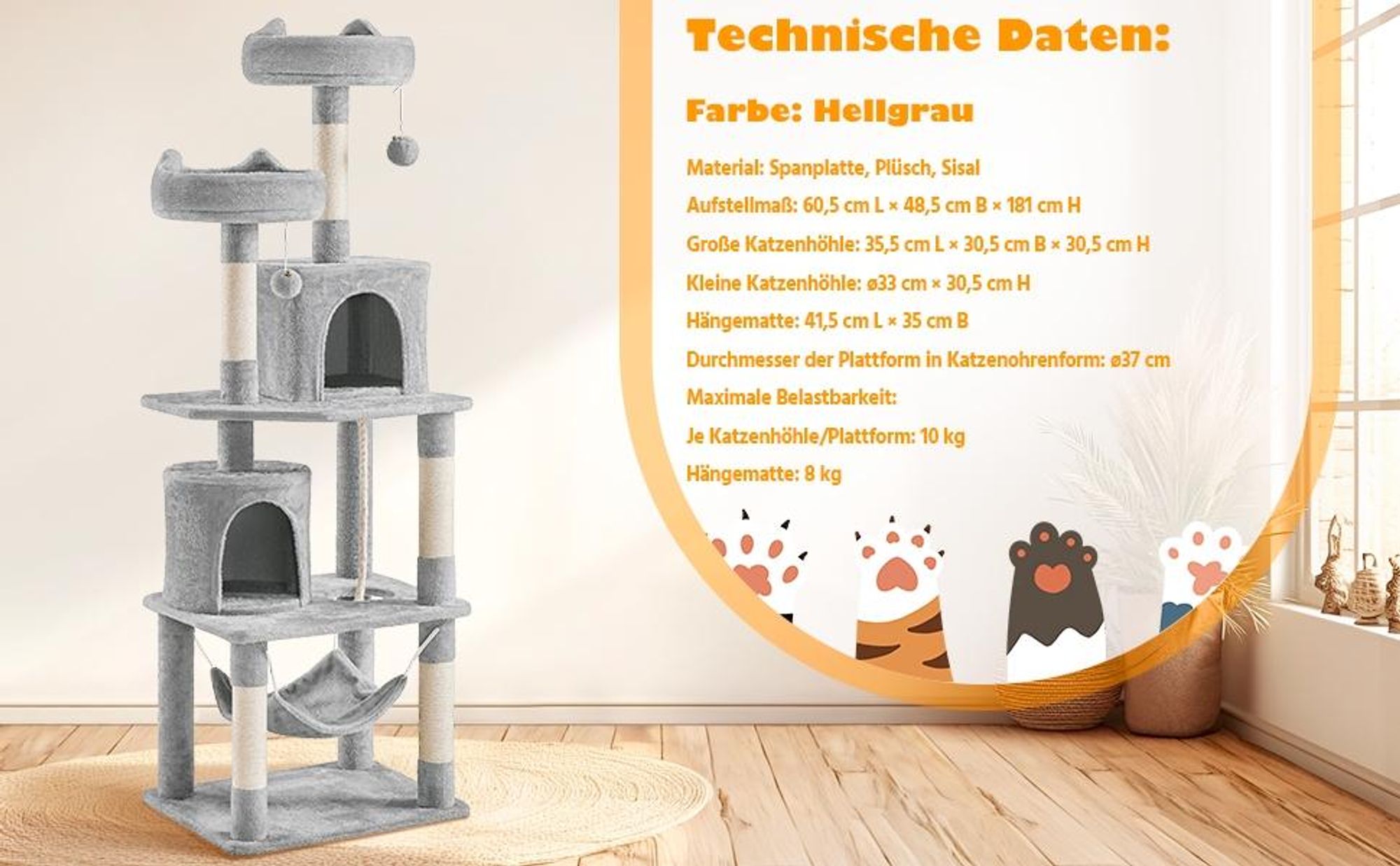 Yaheetech Kratzbaum groß 181 cm Kartzenbaum Katzenkratzbaum, mit 2 Katzenhäusern und 2 Plattformen, Sisal Katzenmöbel stabil, Hellgrau