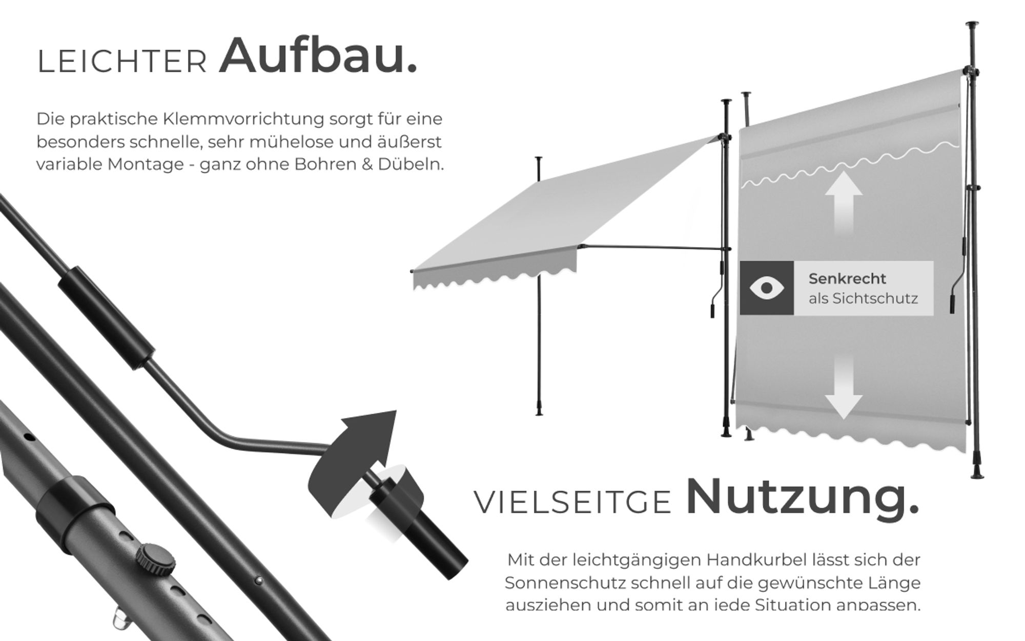 tectake® Klemmmarkise mit Handkurbel einfache Montage