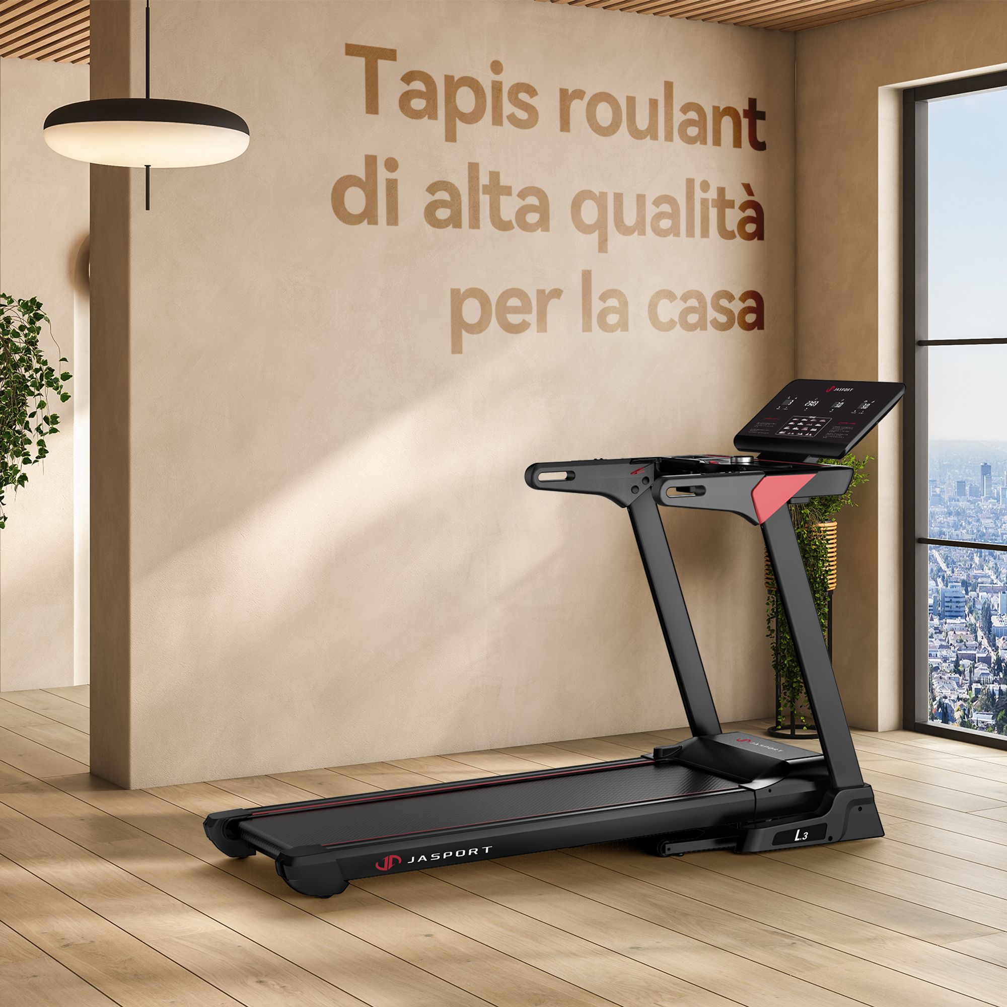 JASPORT L3 tapis de course: pliable, silencieux, Bluetooth, 4CV, jusqu’à 20km/h, inclinaison 18%, surface 1340x480mm, 120kg