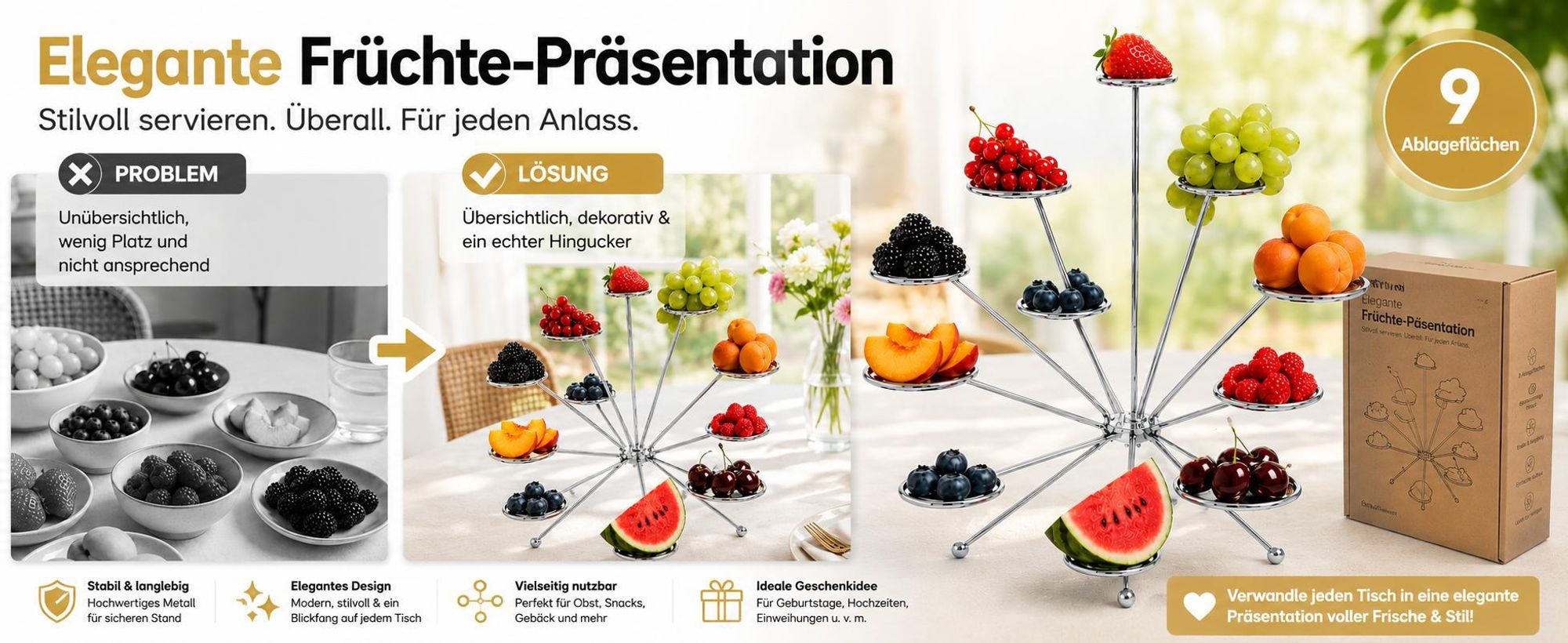 Schwebender Metall Obsthalter aus handverlötetem Metall, Moderne Obst Etagere - EXPLOFRUIT