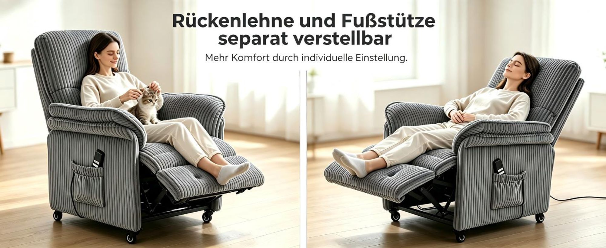 2 Motoren Elektrischer Relaxsessel 360° drehbarer mit Rollen, TV Sessel mit Liegefunktion, Verstellbare Rückenlehne und Fußstütze