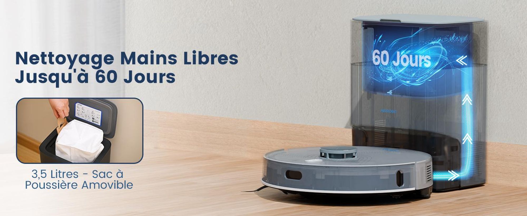 Robot aspirateur AIRROBO L50+ avec fonctions d'aspiration et de lavage, puissance d'aspiration de 10 000 Pa, autonomie de 240 minutes