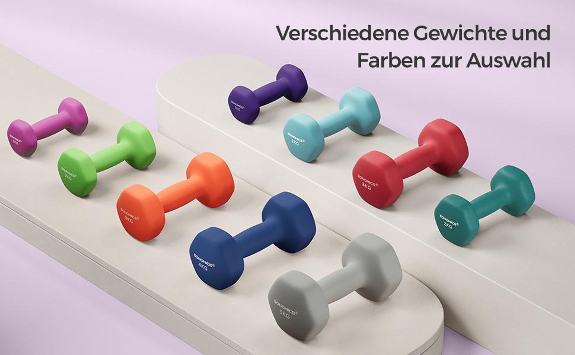 SONGMICS Hanteln, 2er Set, 2 x 1 kg, Hantelset, Kurzhanteln, Hexagon, Neopren-Beschichtung, Krafttraining, Workout, Fitnesstraining, für Zuhause, lila