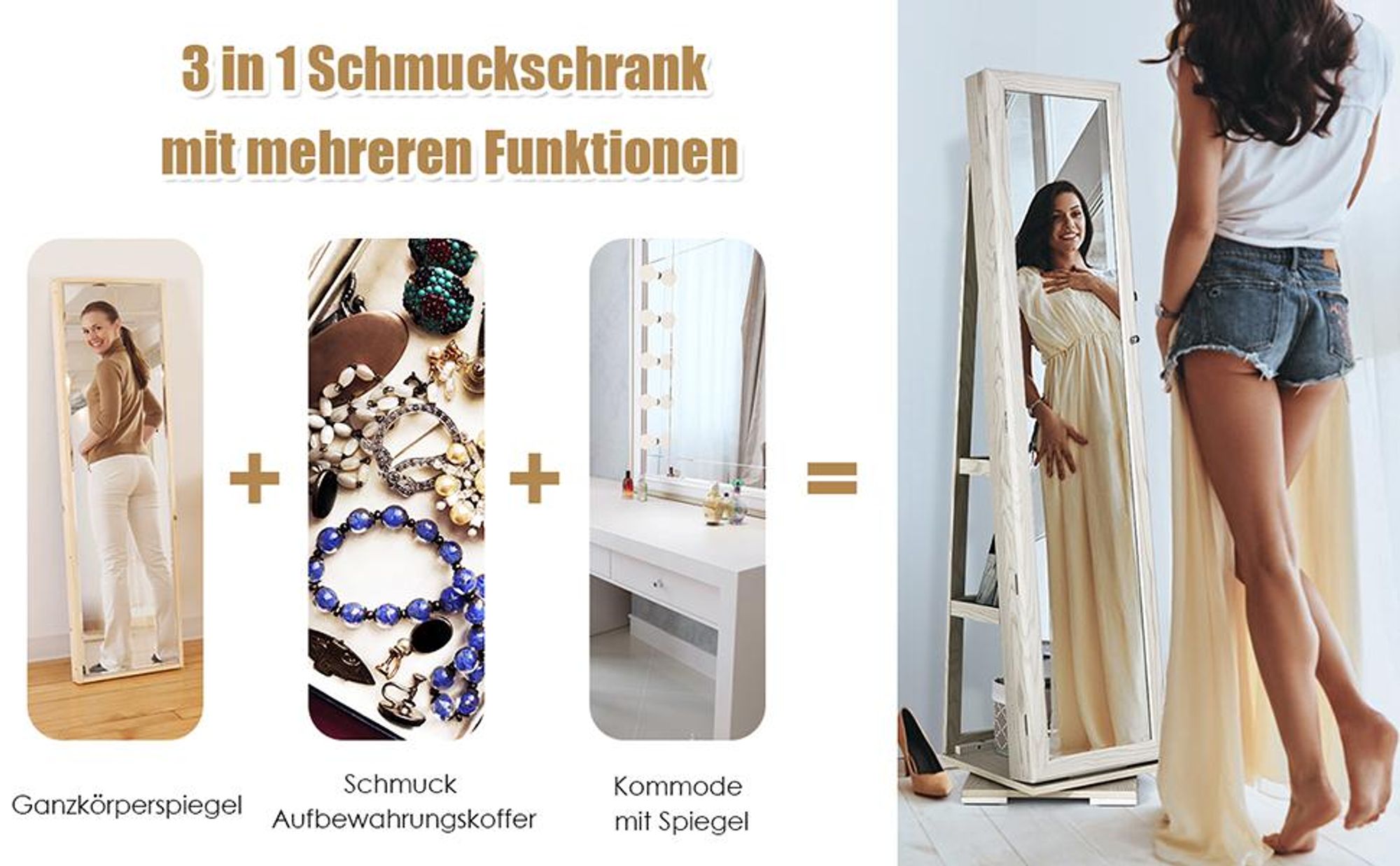 COSTWAY Schmuckschrank, Spiegelschrank mit Ganzkörperspiegel & eingebauter Make-up-Spiegel, 360° drehbar, abschließbar, Schmuck-Organizer Weiß