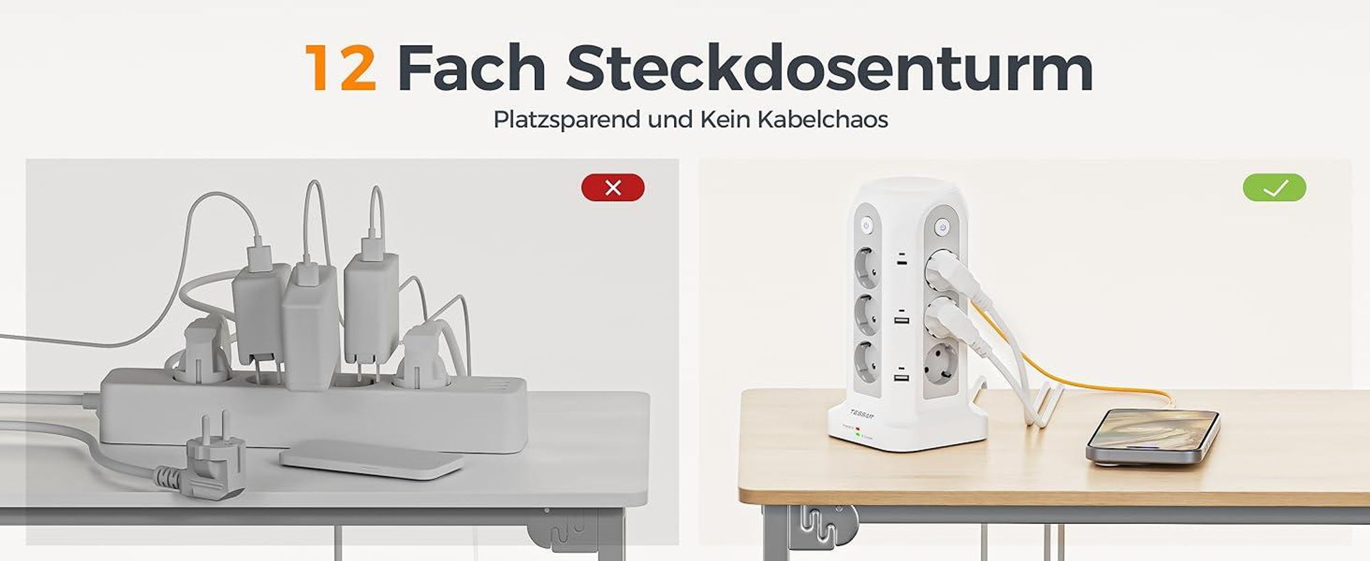 TESSAN 12 Fach Mehrfachsteckdose mit 2 USB C und 4 USB A Verlängerungskabel 5M Überspannungsschutz Steckdosenturm 3680W
