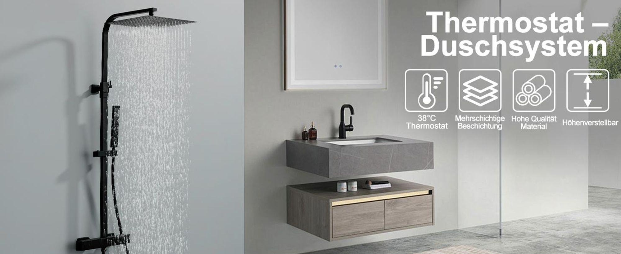 Homelody Duschsystem mit Thermostat, Edelstahl Duscharmatur mit Armatur, 30*30CM Großer Regendusche Duschkopf Höhenverstellbar 855-1105MM Schwarz