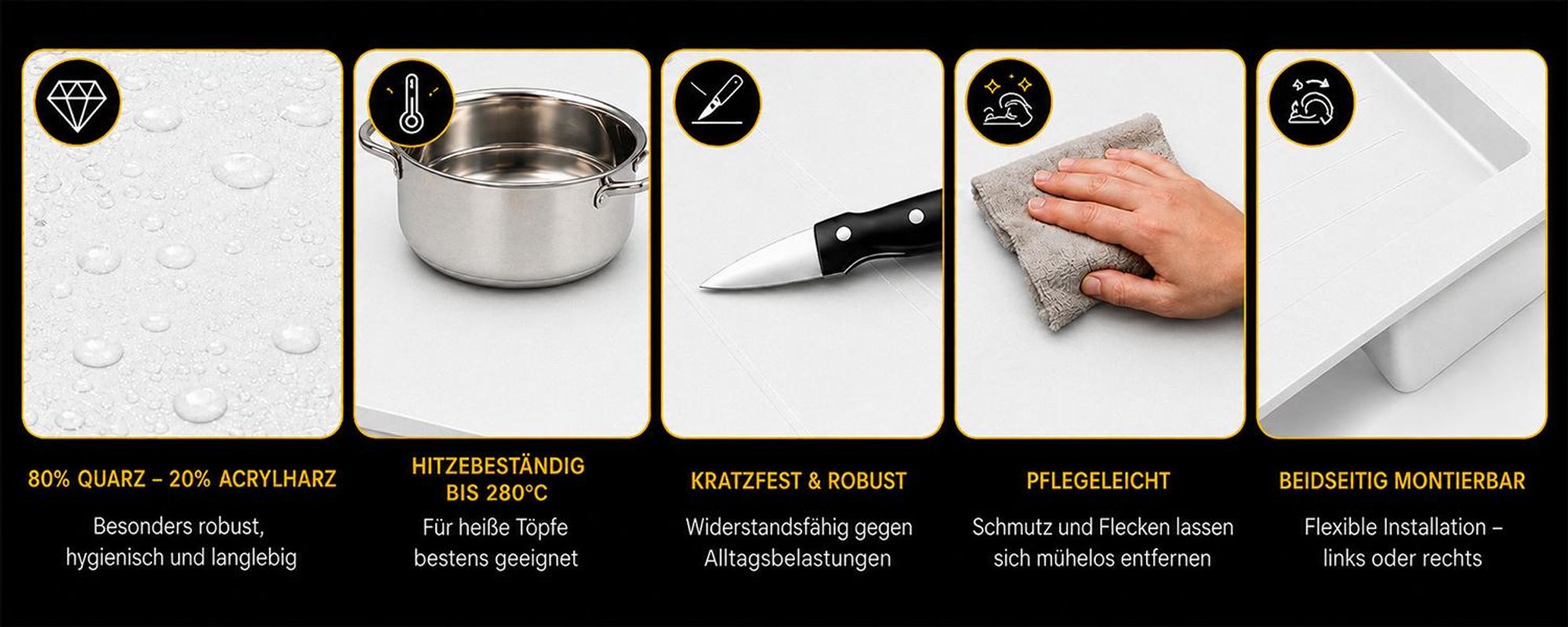 [Granitspüle 76x44 Weiß ] Hochwertig beidseitig Montierbar Küchenspüle Eckig Einbaugranitspüle Granit Spülbecken f. Unterschränke ab 45 cm inkl.Sipho