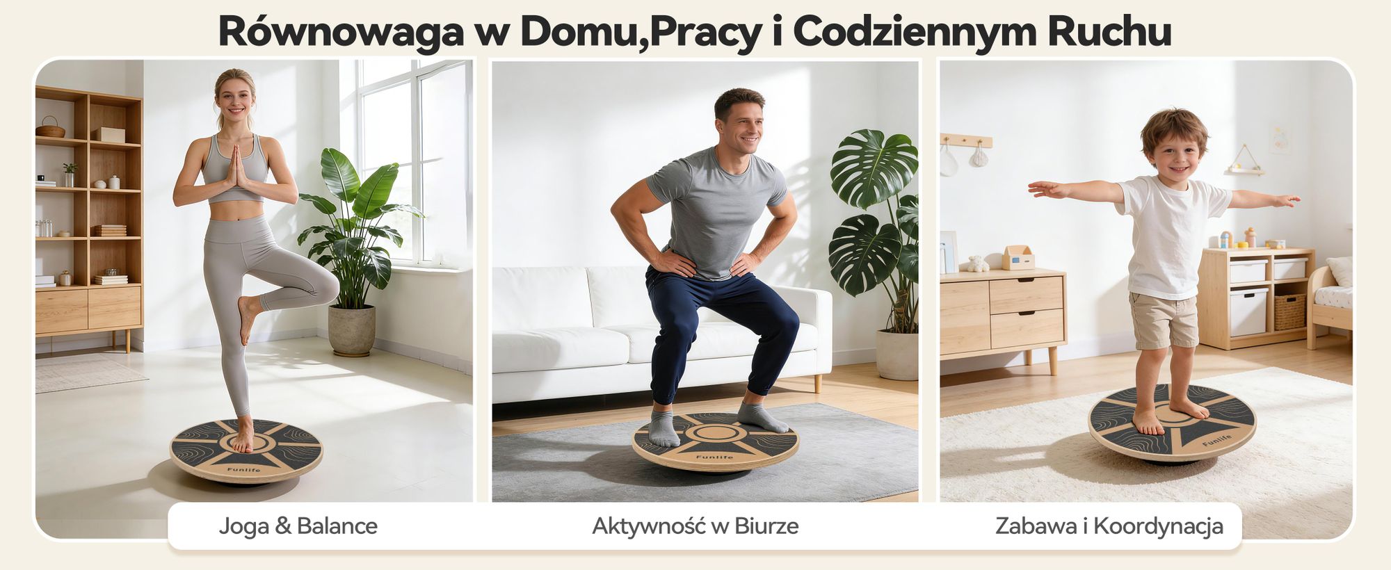 FunLife TERRA – deska do ćwiczeń równowagi, okrągła, wykonana z drzewa brzozowego – urządzenie do treningu równowagi, koordynacji i stabilizacji, obracające się o 360°, przeznaczone do wzmocnienia mięśni brzucha, wytrzymuje obciążenie do 100 kg