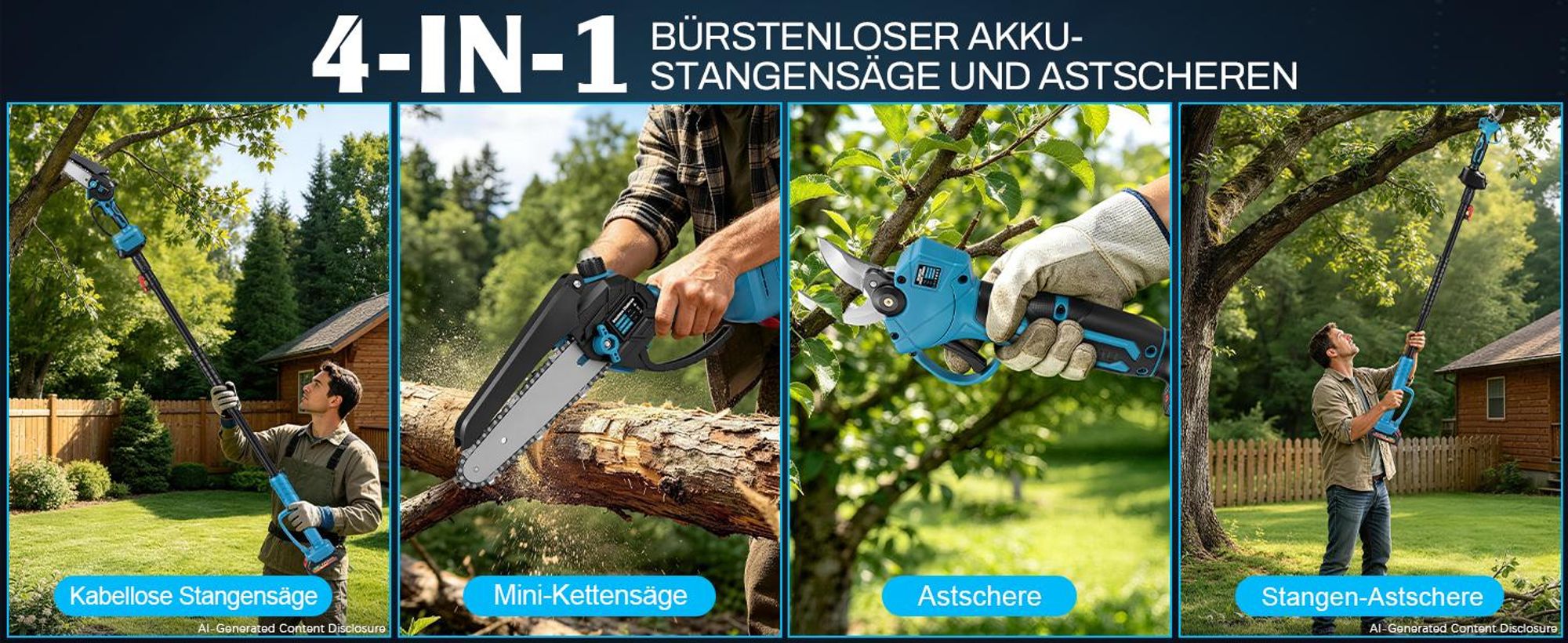 4-IN-1 Akku Hochentaster Kettensäge & Astschere mit Teleskop - Bürstenlos 25mm Baumschere, 6 Zoll Kettensäge mit 1,7m Teleskopstange, 2 x 2,0Ah Akkus