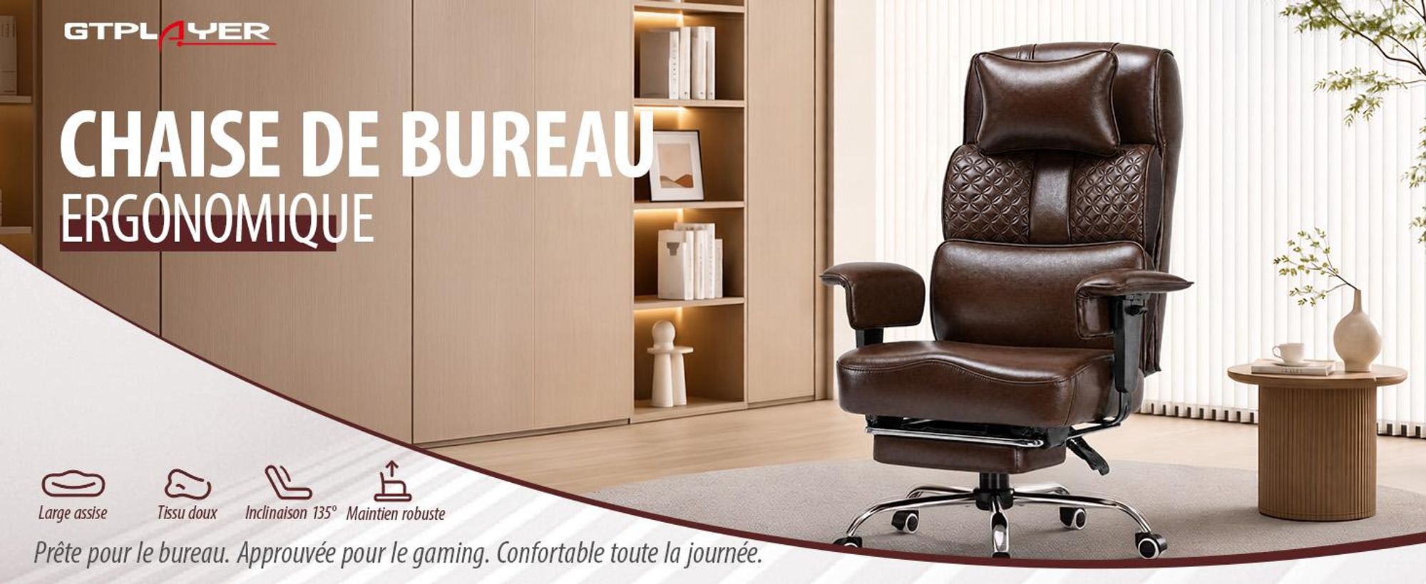 Chaise de gaming GTPLAYER, chaise de bureau ergonomique avec repose-tête réglable, support lombaire large, assise de 54 cm de largeur, inclinable de 90° à 150°, capacité de charge de 180 kg
