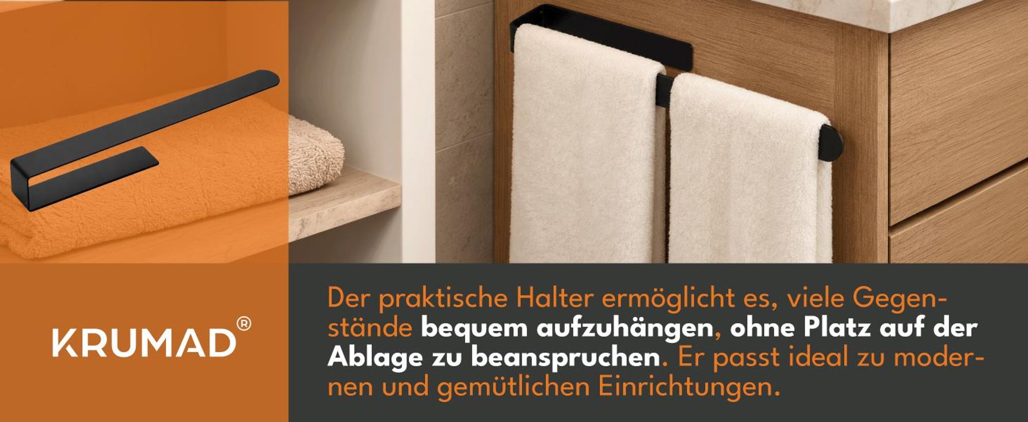 KRUMAD Handtuchhalter aus Edelstahl, Handtuchstange 37 cm, Handtuchhalterung ohne Bohren, Wandhalter für Bad, Küche und Gäste-WC, Schwarz
