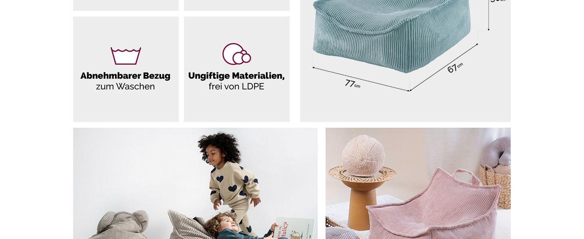 MISIOO Sitzsack Pouf für Kinder - Puffy Square - Kindersessel - Samt Pouf aus Cord - Ideal für das Kinderzimmer - Leicht zu Waschen - Blau