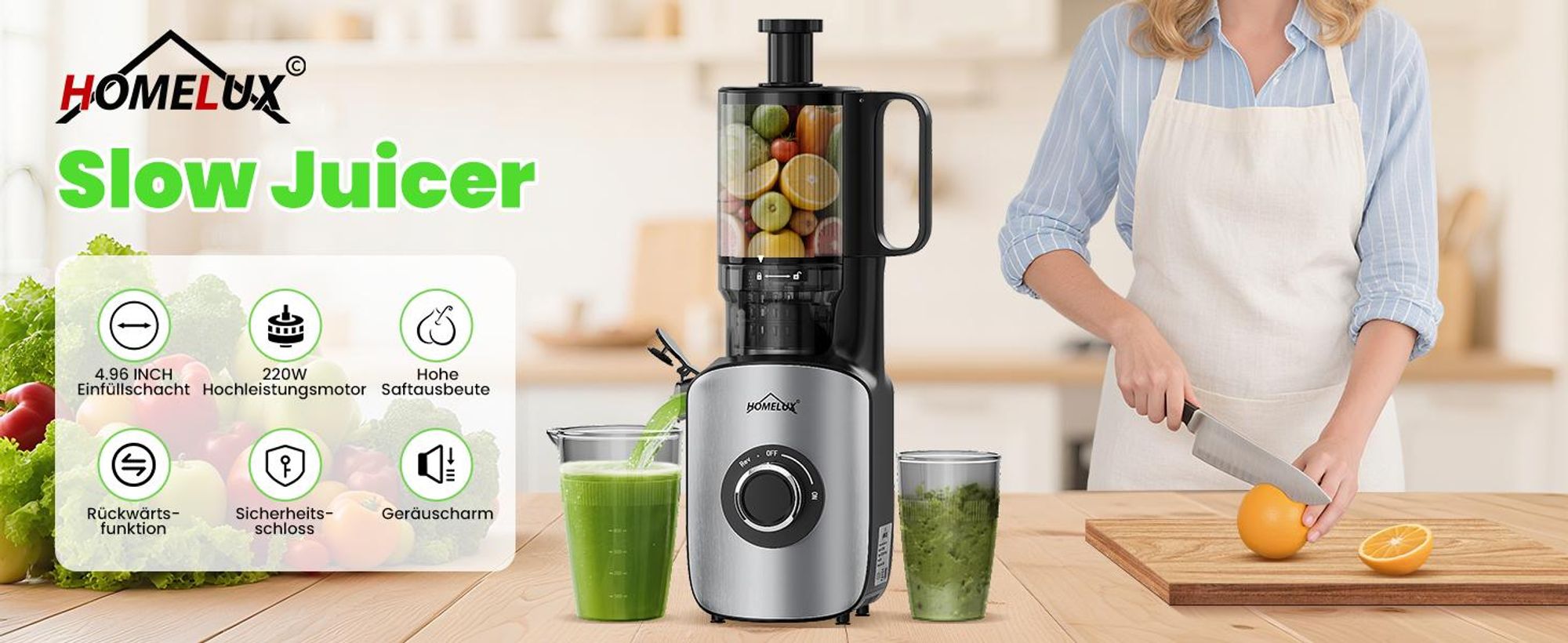 HOMELUX Entsafter 220W Slow Juicer 126 MM Einfüllschacht für Ganze Gemüse und Obst Kaltentsafter Elektrische mit 2 Tassen Reinigungsbürste, Silber
