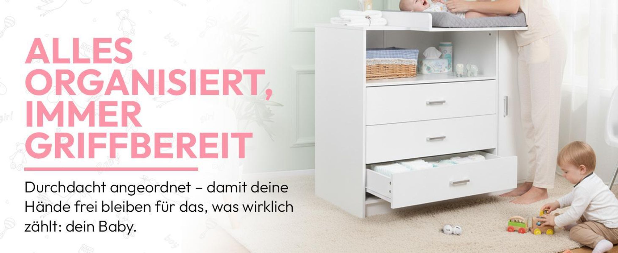 Wickelkommode Wickeltisch Baby Kommode aus Holz mit Wickelaufsatz, 3 Schubladen, 1 Tür, 100 cm Höhe in Weiß, Wickeltisch 113 x 100 cm