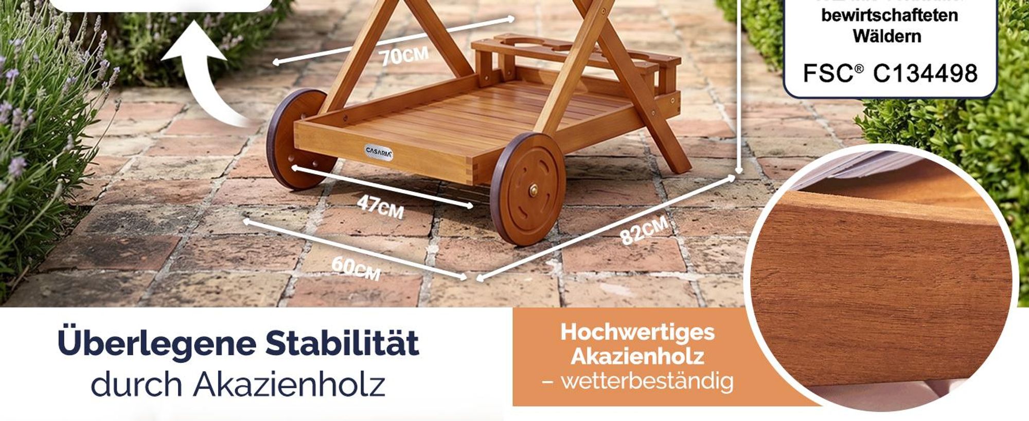 CASARIA® Servierwagen rollbar aus Akazienholz