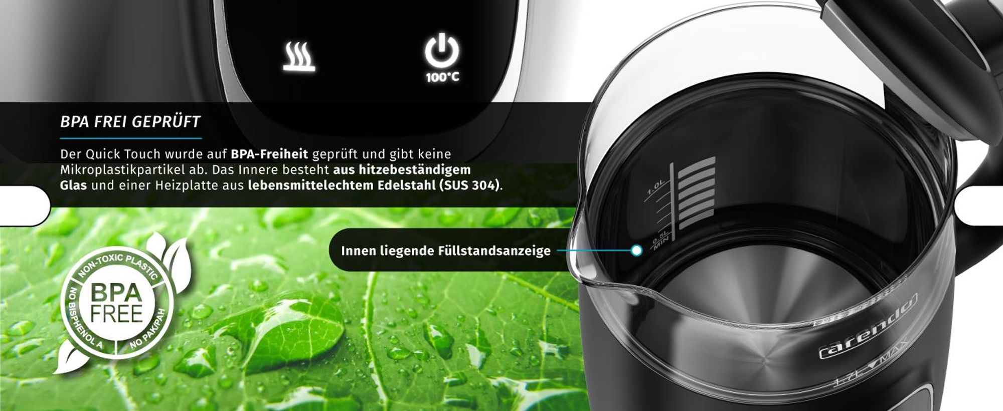 Arendo Wasserkocher QUICK TOUCH 1,7 l, BPA-frei, Innenteil aus Glas und Edelstahl
