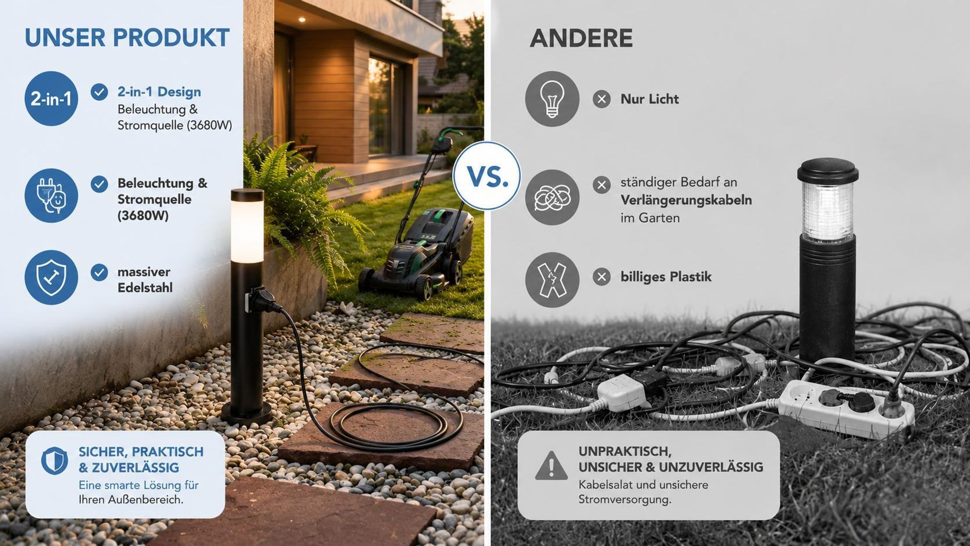 MasterLED Pollerleuchte mit Steckdose Wegeleuchte Gartenleuchte Außenleuchte E27 IP44 65cm Schwarz Edelstahl