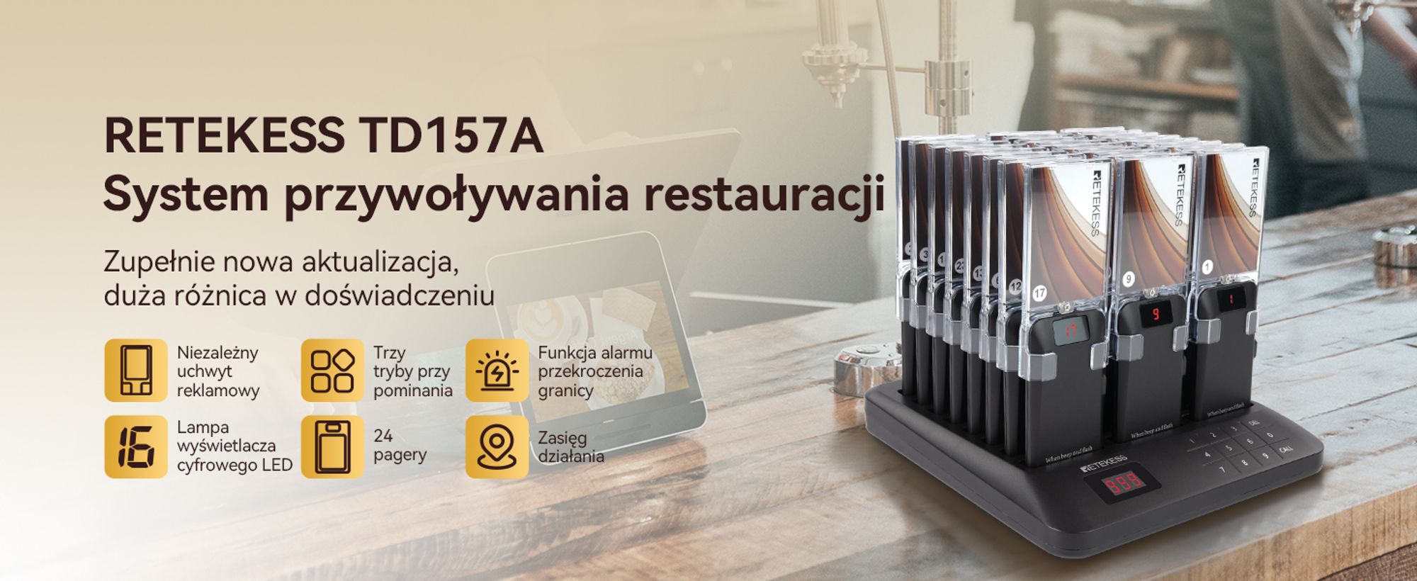 Retekess TD157A System przywoławczy pager, 800M, 39 trybów wywoływania, bateria 300 mAh, wymienny billboard, system przywoławczy dla gastronomii, burgerowni, 24 pagery