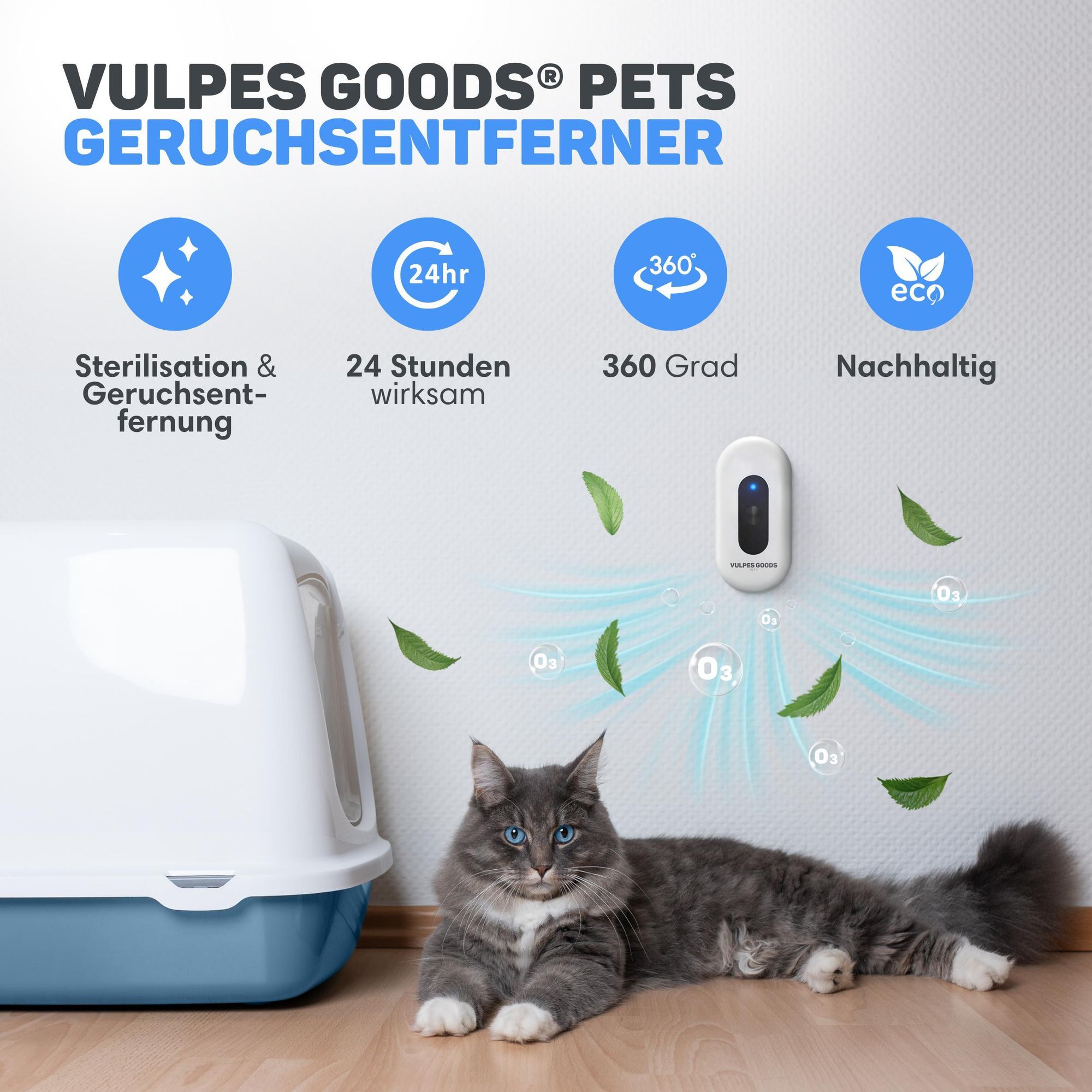 Vulpes Goods® atzentoilette Geruchsentferner, Katzenklo-Geruchsentferner, Air Eliminator, Aktiver Sauerstoff, Ozon & Ionen, Für alle Katzenstreu, Weiß