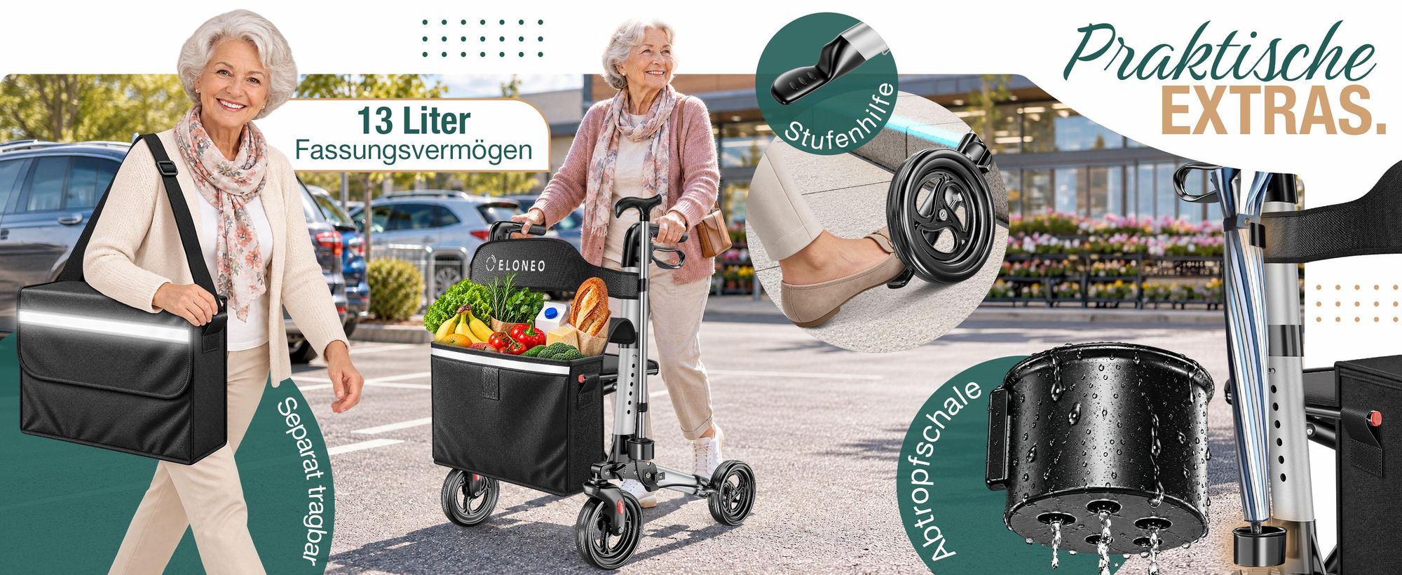 ELONEO Rollator faltbar und leicht mit Sitz, Leichtgewicht-Reiserollator aus Aluminium, Gehhilfe 8-fach höhenverstellbar, Laufhilfe 3-fach faltbar