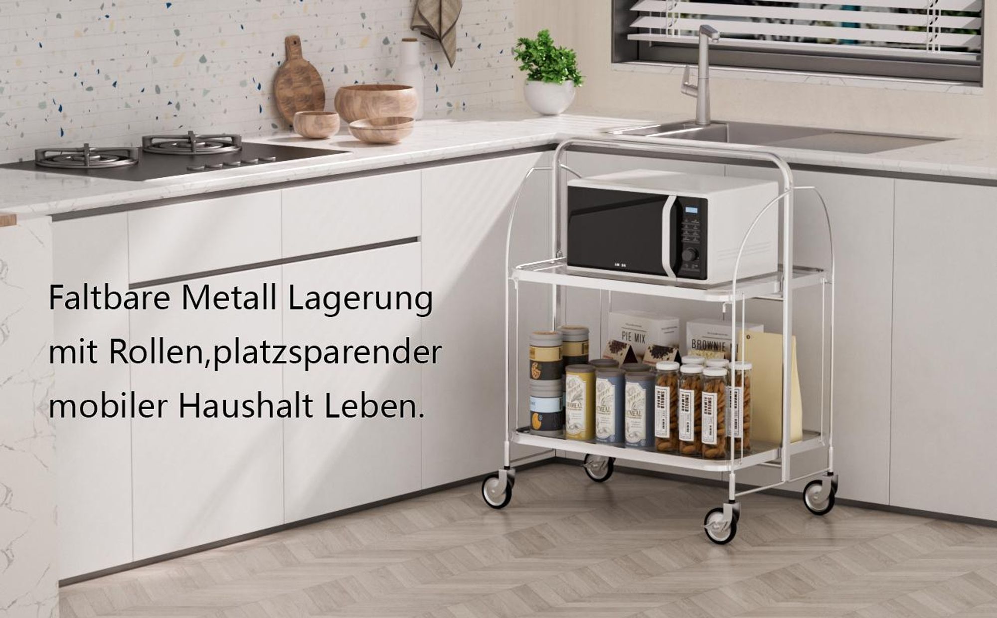 Servierwagen klappbar mit 2 Ebenen, Küchenwagen Mobil, Rollwagen, 68 x 40 x 80 cm, Aufbewahrungswagen für Küche, Wohnzimmer, Garten, Silber