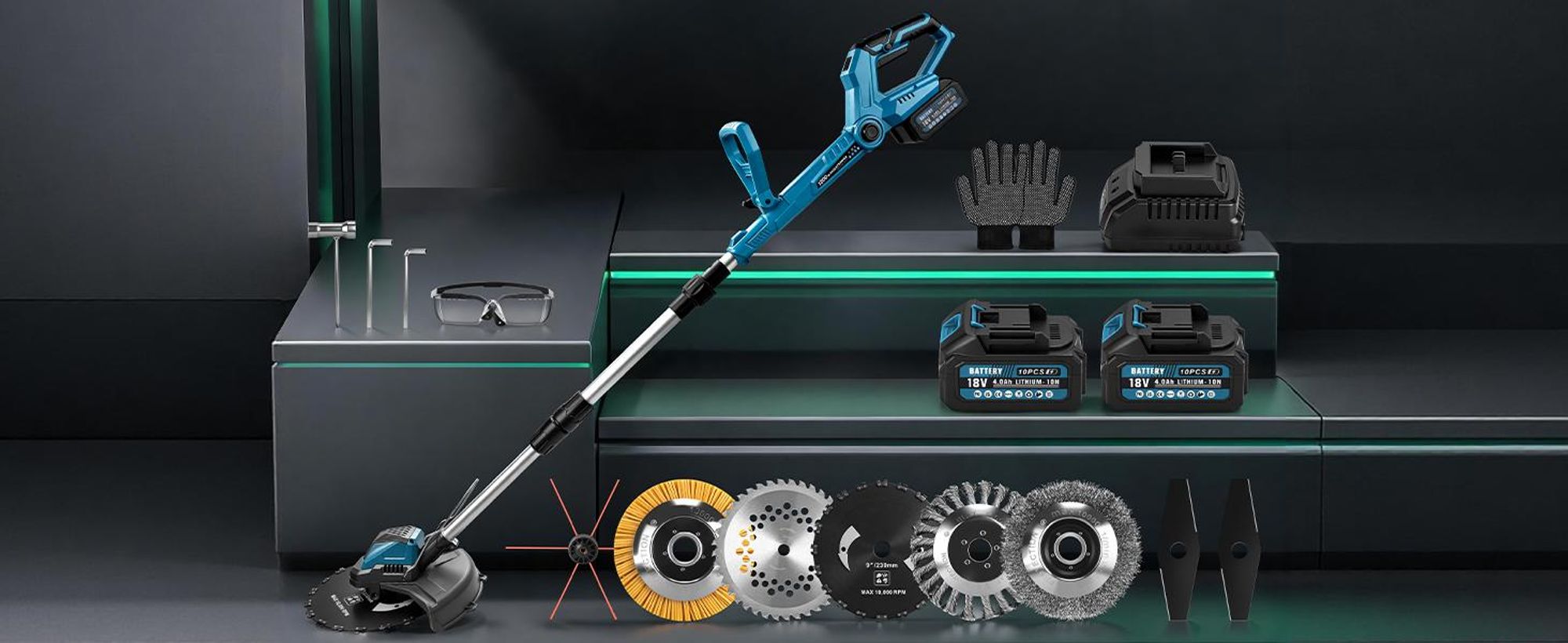 1200W Akku Rasentrimmer mit 2×4,0Ah Akku 100-140cm Teleskop Freischneider mit 7 Klingentypen Unkrautbürste Motorsense 16800U/min Bürstenloser Motor