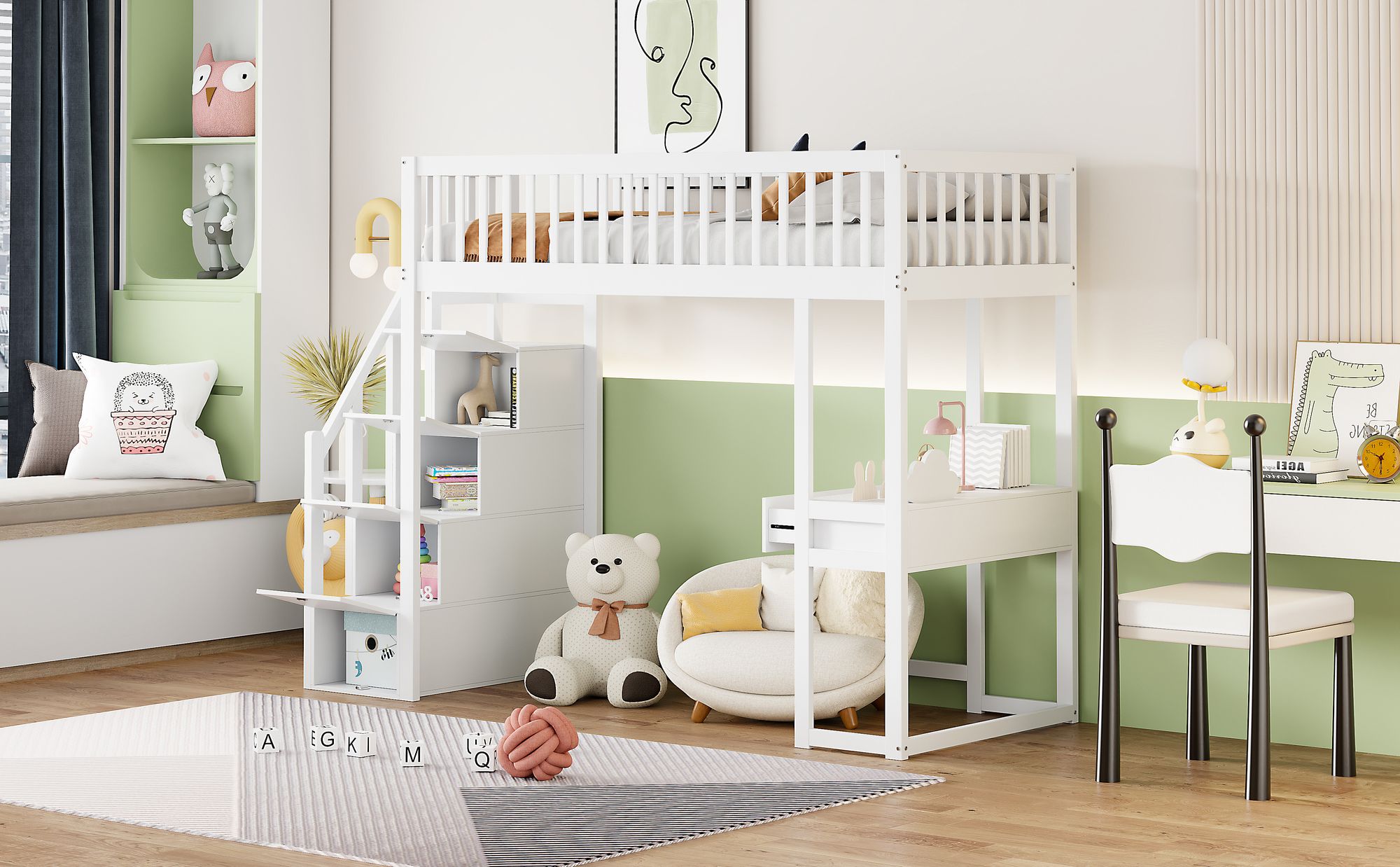 okwish Hochbett Etagenbett 90x200cm mit Rausfallschutz, Stockbettmit Massivholzbett mit Stauraumleiter und Multifunktionstisch, Kinderbett Bettgestell mit Lattenrost, Weiß