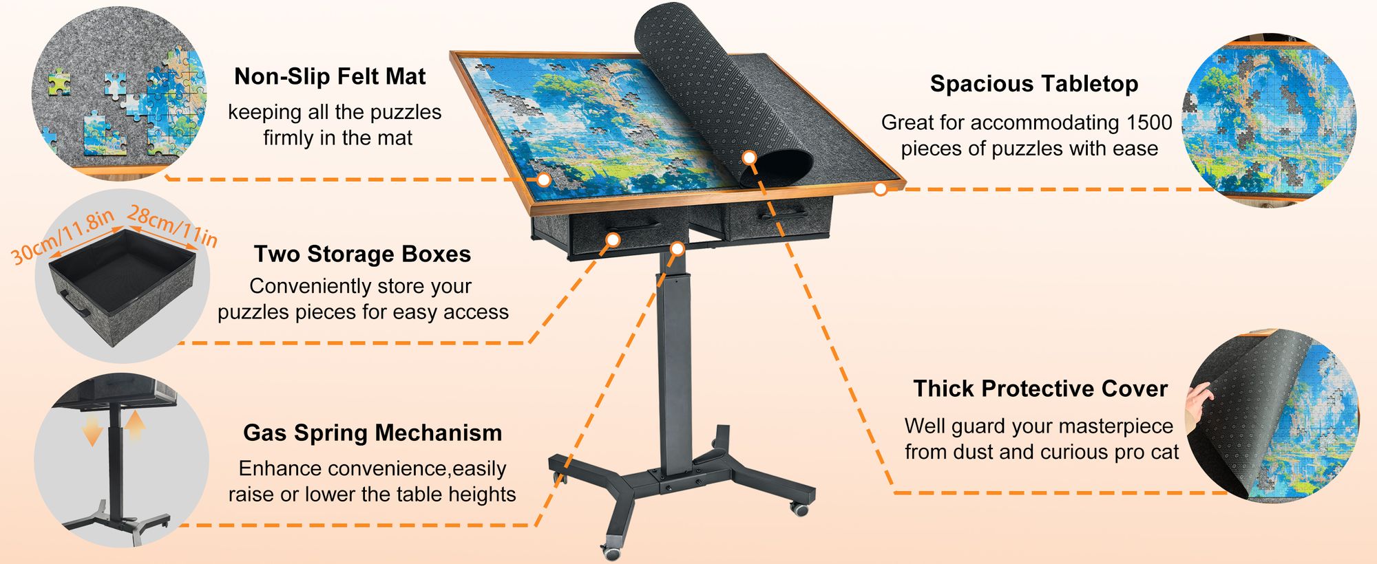 WISFOR Puzzlebrett Puzzle Tisch, höhenverstellbar neigbar rollbar, mit 2 Schubladen, 90×70cm