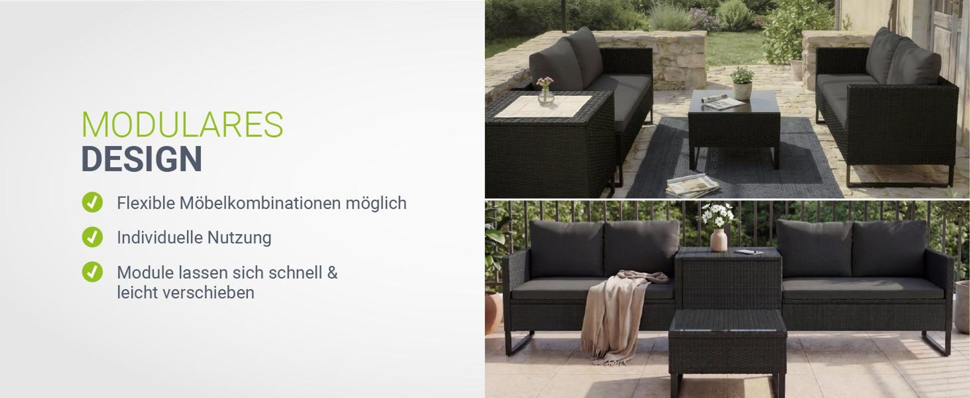 Juskys Polyrattan Lounge Santorini - Sitzecke mit Beistelltisch & Auflagenbox - Schwarz