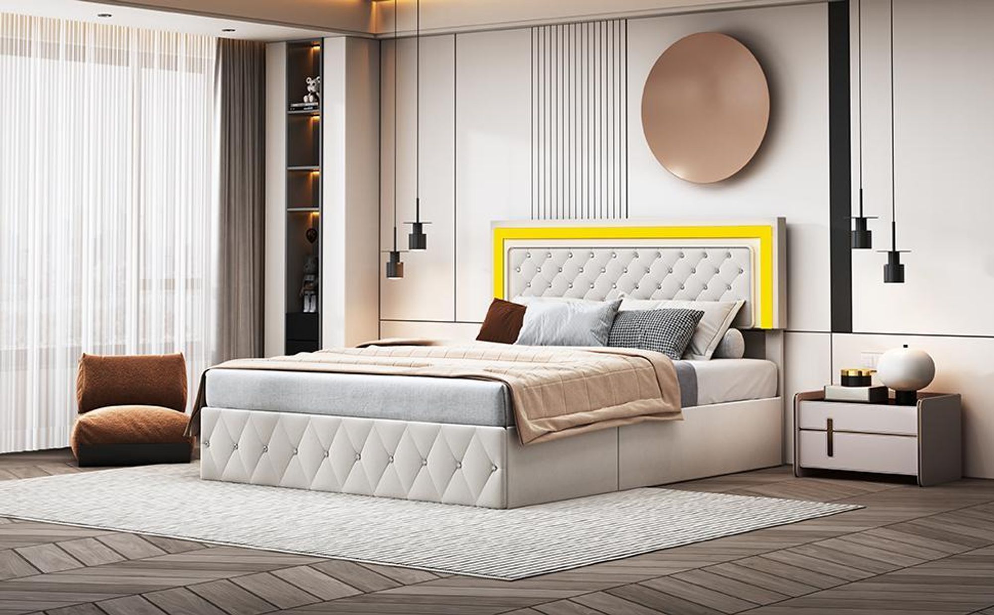 Hydraulisches Boxspringbett 140x200cm LED-Bettrahmen Verstellbares Kopfteil mit Smart Control RGBW LED, Doppelbett aus Samt, Beige