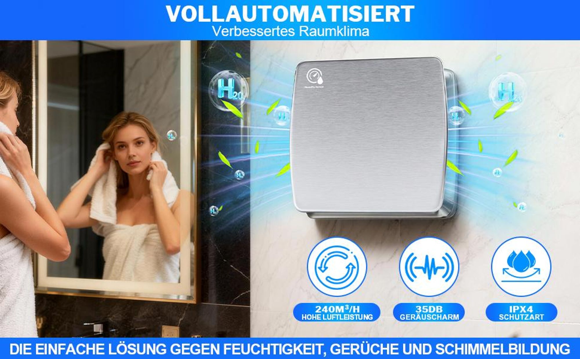 150mm 18W/35db Badlüfter Leiser Wandventilator, 240m³/h Kräftiger mit Feuchtigkeitssensor, Rücklaufklappe Lüfter, Nachlauf für Küche Bad WC, Silber