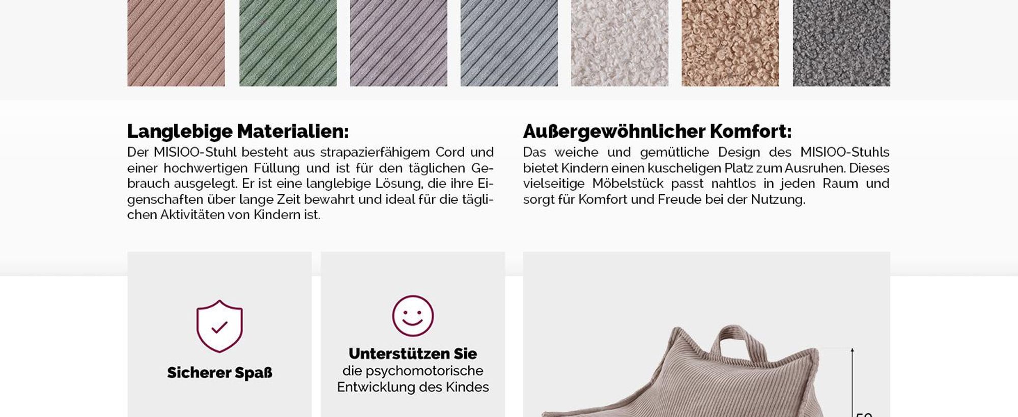 MISIOO Sitzsack Kinder – Großer Sitzsack – Big Bag für Kinder – Cord-Material – 77x67x50 cm – Waschbarer Stoff – Griff für einfaches Tragen – Beige