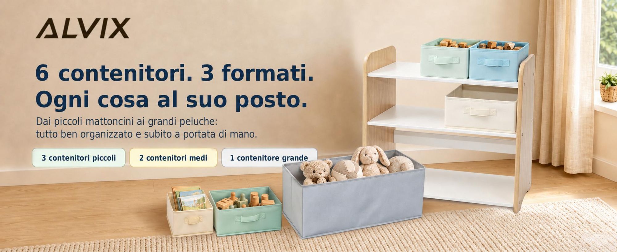 ALVIX - Scaffale per giocattoli NESTA 6, con 6 contenitori estraibili, scaffale per bambini, contenitore per giocattoli in MDF, scaffale organizzativo per la cameretta dei bambini