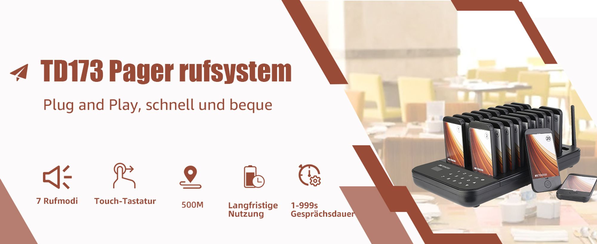 Retekess TD173 Restaurant Pager System, 20Pagers, 500M Pager Rufsystem, 7 Rufmod, 24H, Pager Pieper für Food Court, Hotel, Café, Bar, 998 Kanäle