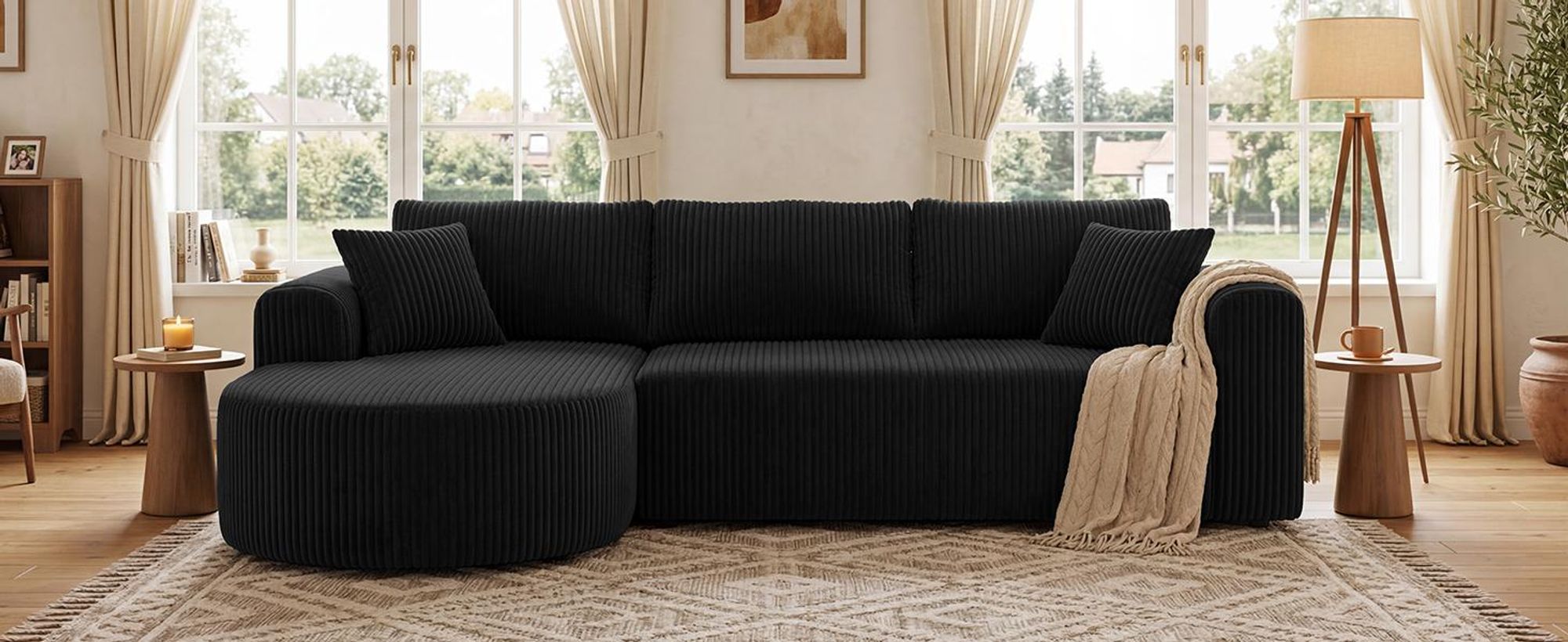 Divano angolare con funzione letto, divano modulare in velluto senza braccioli, divano con chaise longue, divano a forma di L con funzione letto, divani componibili con cuscini e tasche laterali, lunghezza 243 cm