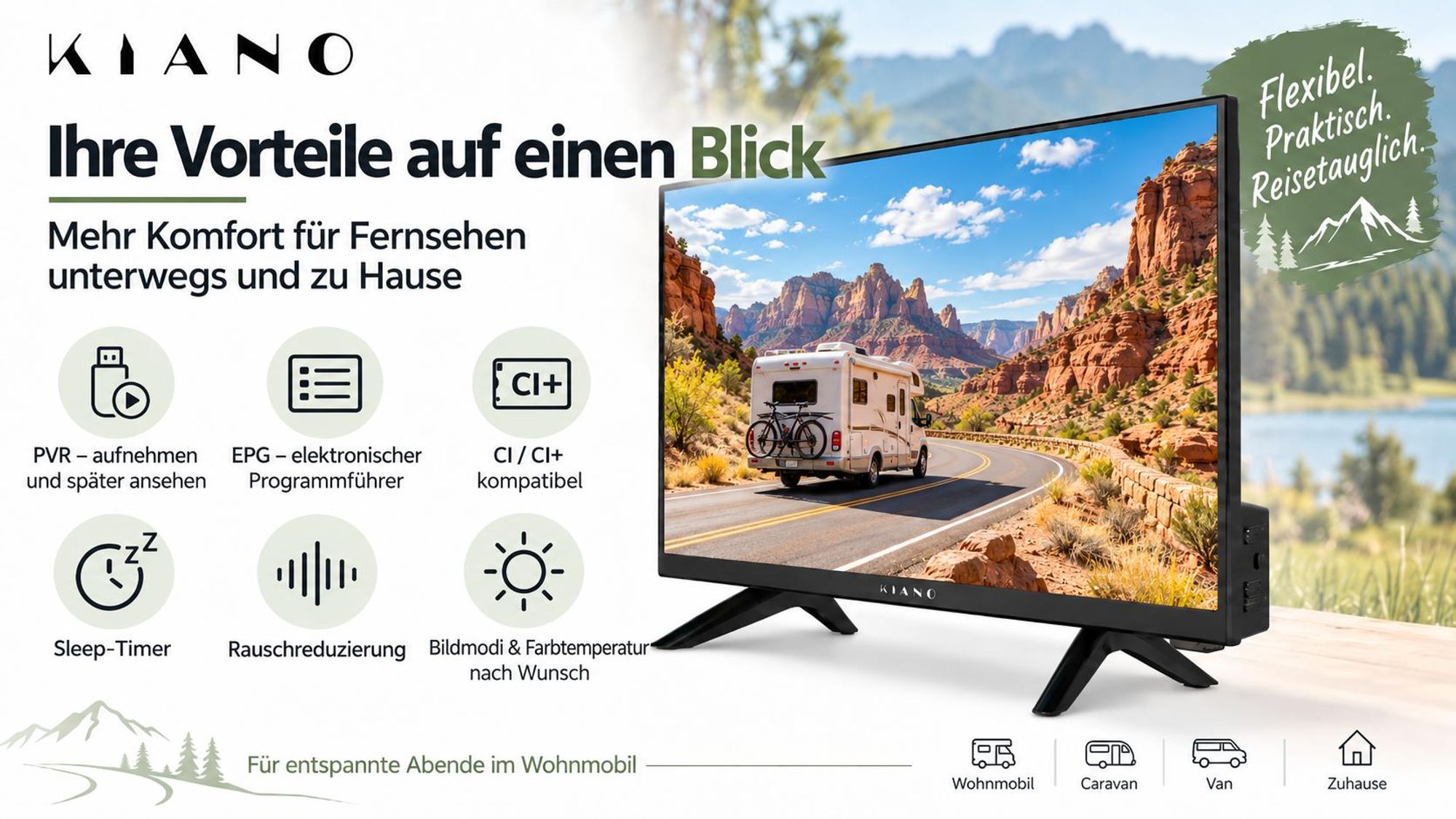 Kiano Slim TV Travel 19 Zoll (48 cm) Camping-Fernseher HD DLED 12V DVB-T2/S2/C