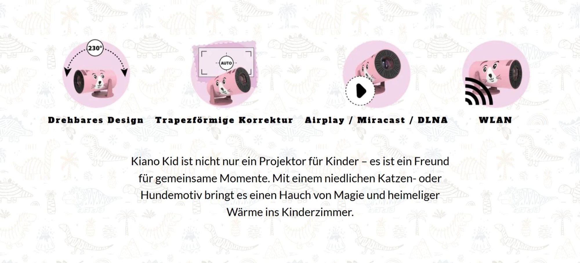 Beamer Kiano Kid Rosa Katze Projektor HD 1280x720, 32–130 Zoll, 230° drehbar, WLAN, AirPlay Miracast, ideal fürs Kinderzimmer mit Android 11