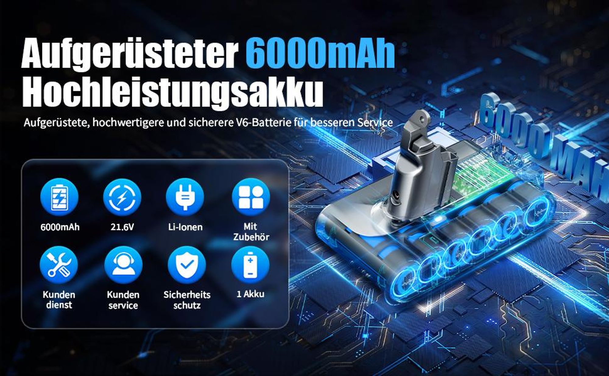 V6 Akku, V6 Ersatzbatterien, Ersatzakku Akku für Dyson V6 Staubsauger, 6000mAh Li-Ionen Batterie für Dyson V6 DC62 SV03 DC58 DC59 DC61 DC72 DC74 SV04