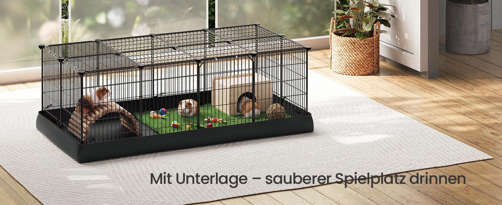 SONGMICS Kleintiergehege Hasenkäfig XXL mit Bodenmatte 140 x 70 x 45 cm Schwarz