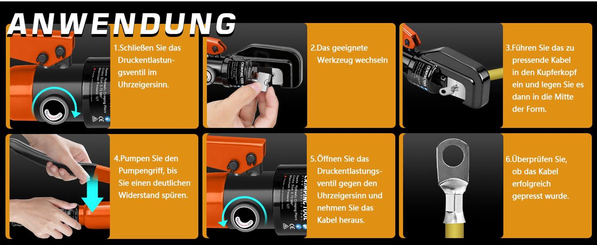 Hydraulische Crimpzange Presszange 4-70mm² mit Kabelschere, Quetschzange Hydraulikzange Kabelschuhzange - Kaltverpressung Werkzeugbau Schaltungsumbau