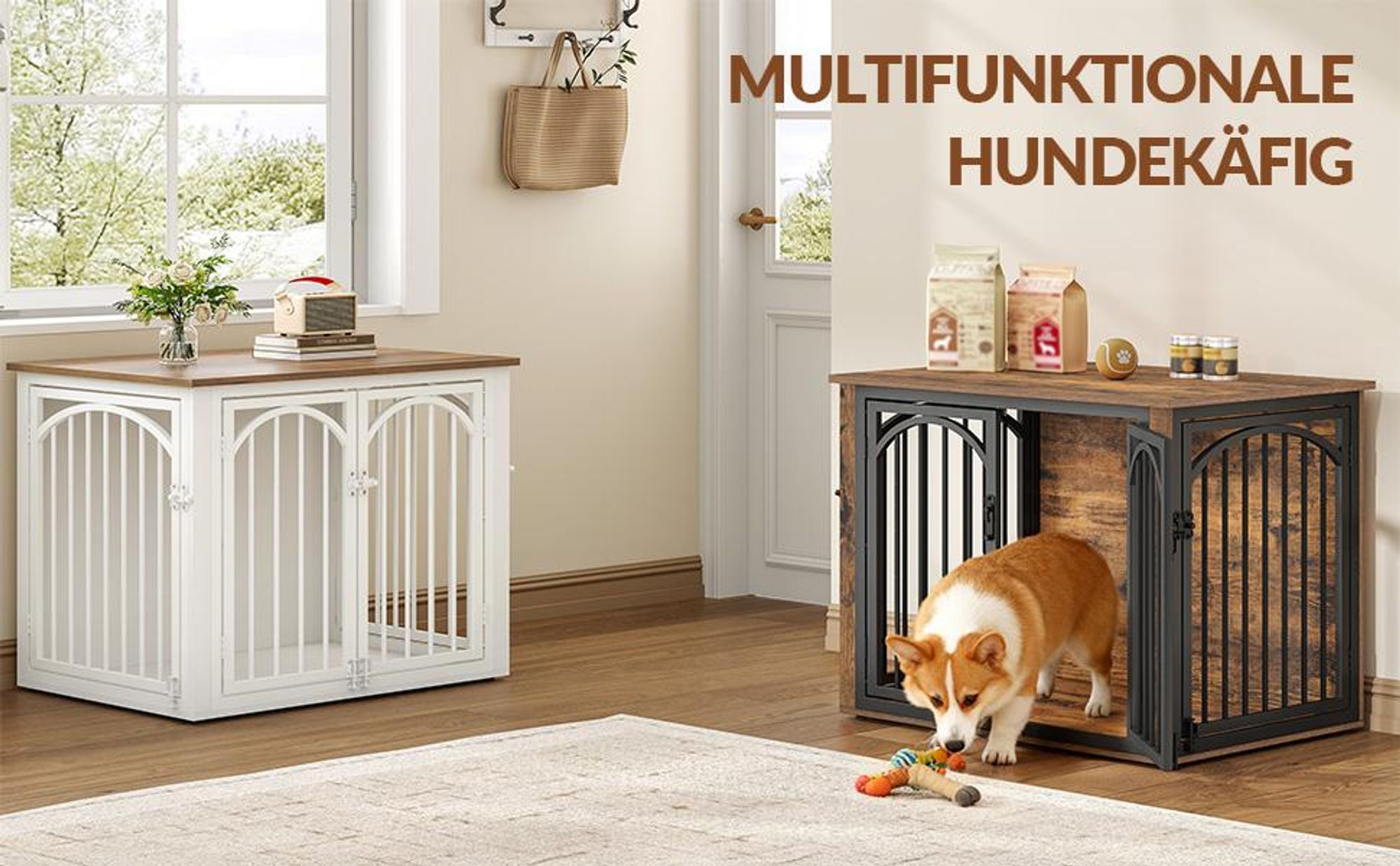Hundekäfig Möbel, 80 x 60 x 63 cm, Braun und Weiß | Hundebox für Zuhause, 4 Türen, Moderne Hundebox Holz, Beistelltisch, für Kleine und Mittelgroße