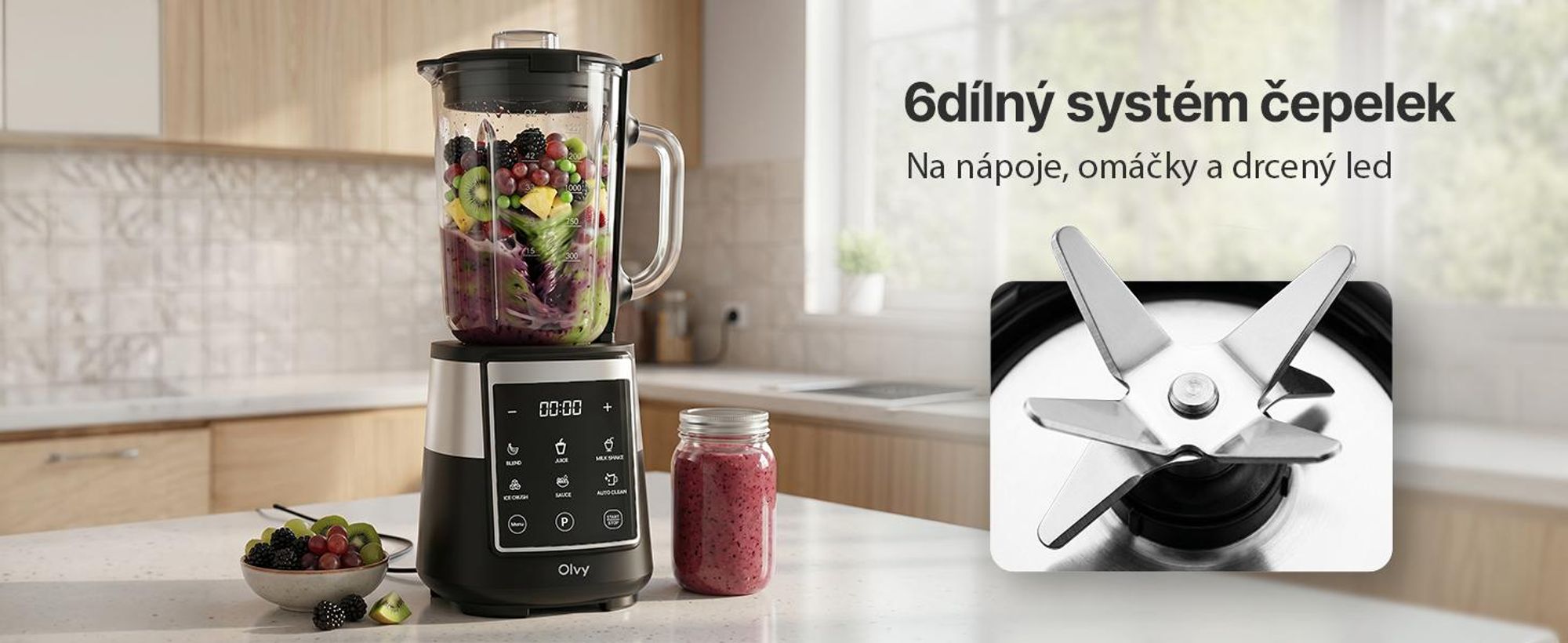 Mixér Olvy, 1,5litrová skleněná nádoba s 600ml kelímkem z materiálu Tritan, dotykový ovládací panel, funkce pulzního režimu a automatického čištění, výroba smoothie a drcení ledu