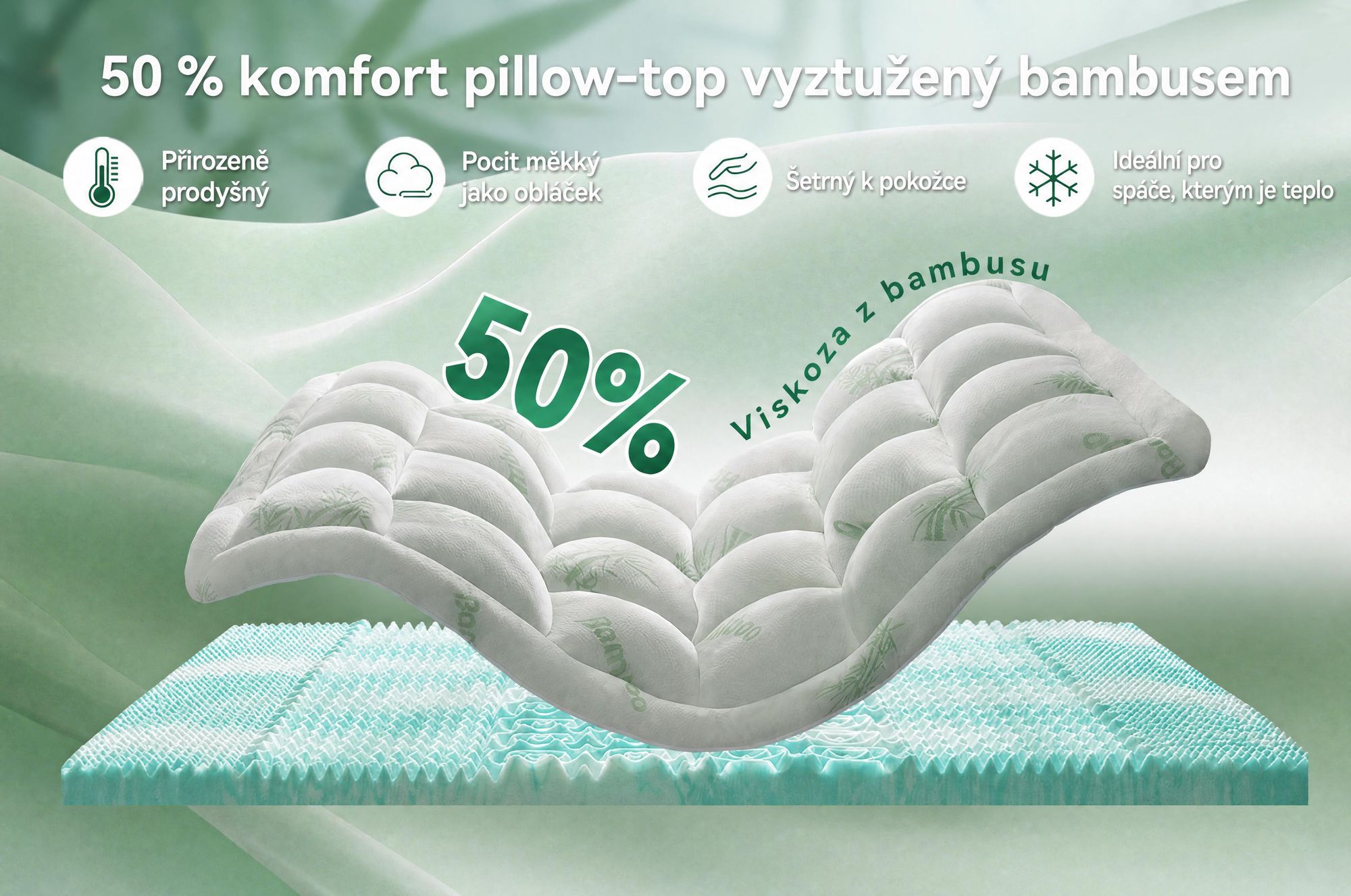 NicePlus, vrchní matrace 2 v 1, 90x200x7 cm, pěna s paměťovou vlastností (5 zón) + vrchní vrstva z bambusu, s gumovými rohy pro všechny typy matrací, tvrdost H2/H3, zelená barva