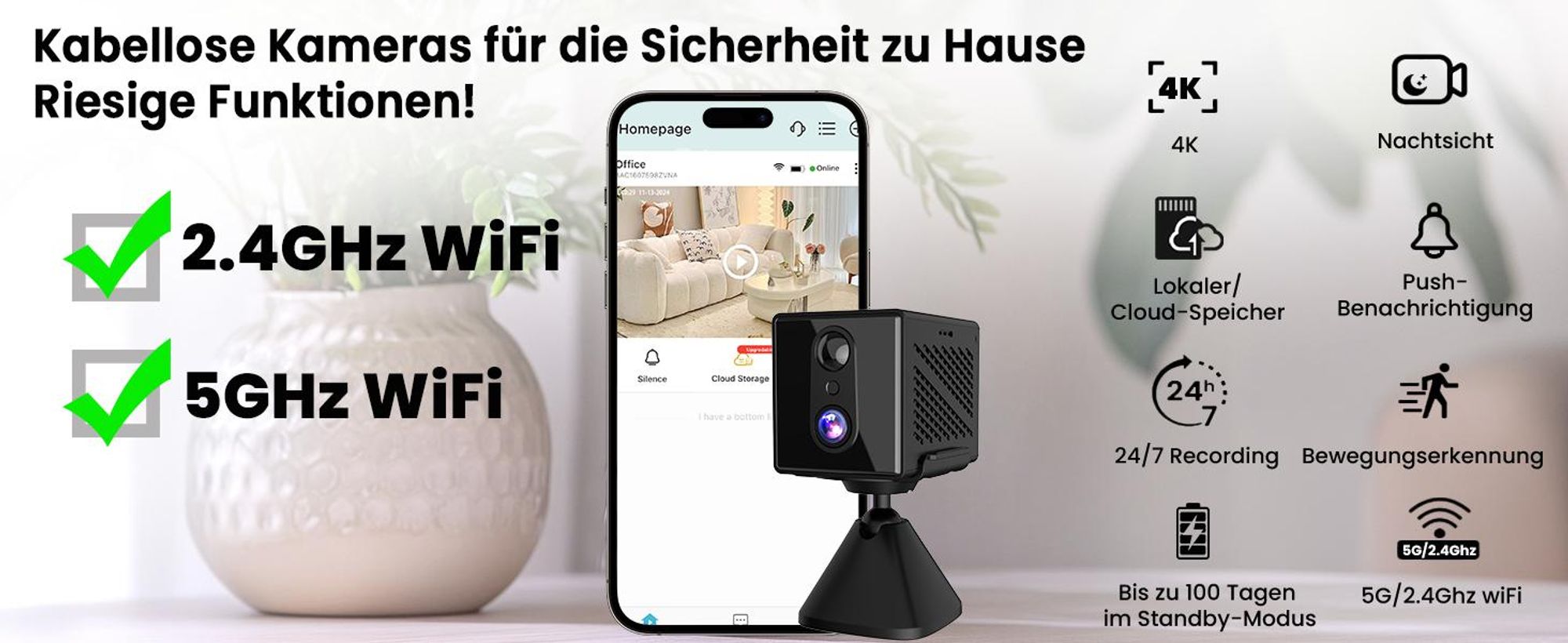 Mini Kamera, 4K HD 5G WiFi Überwachungskamera Innen, Kamera Überwachung Innen, er Cloud-Speicher, Lange Standby Akku Kamera, Bewegungsmelder