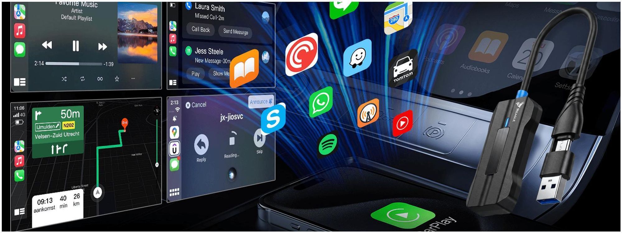 Wireless Adapter Mit Eingebautem Carplay Android Auto Apple Iphone, Kabelloser Mini-Adapter, Plug And Play, Reagle