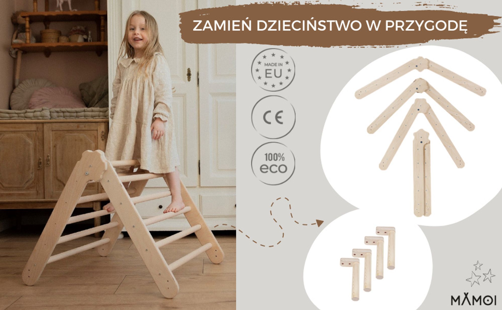 MAMOI® Trójkąt wspinaczkowy dla dzieci | Drewniana drabinka dla dzieci Trójkątna drabinka | Wielofunkcyjny trójkąt wspinaczkowy montessori | Piramida